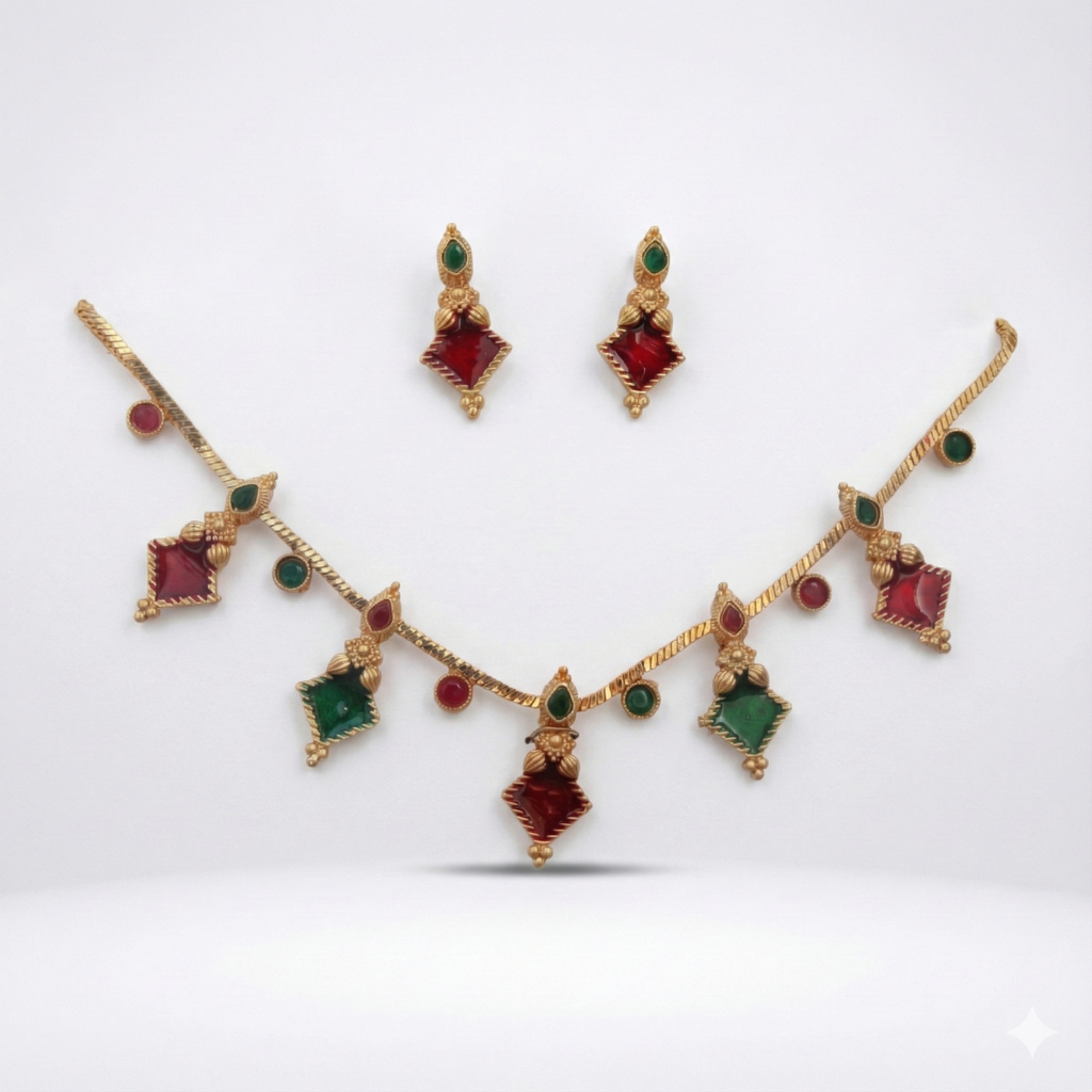 Premium 100% Copper Necklace Set with Diamond Charms | Geometric Red & Green Stones