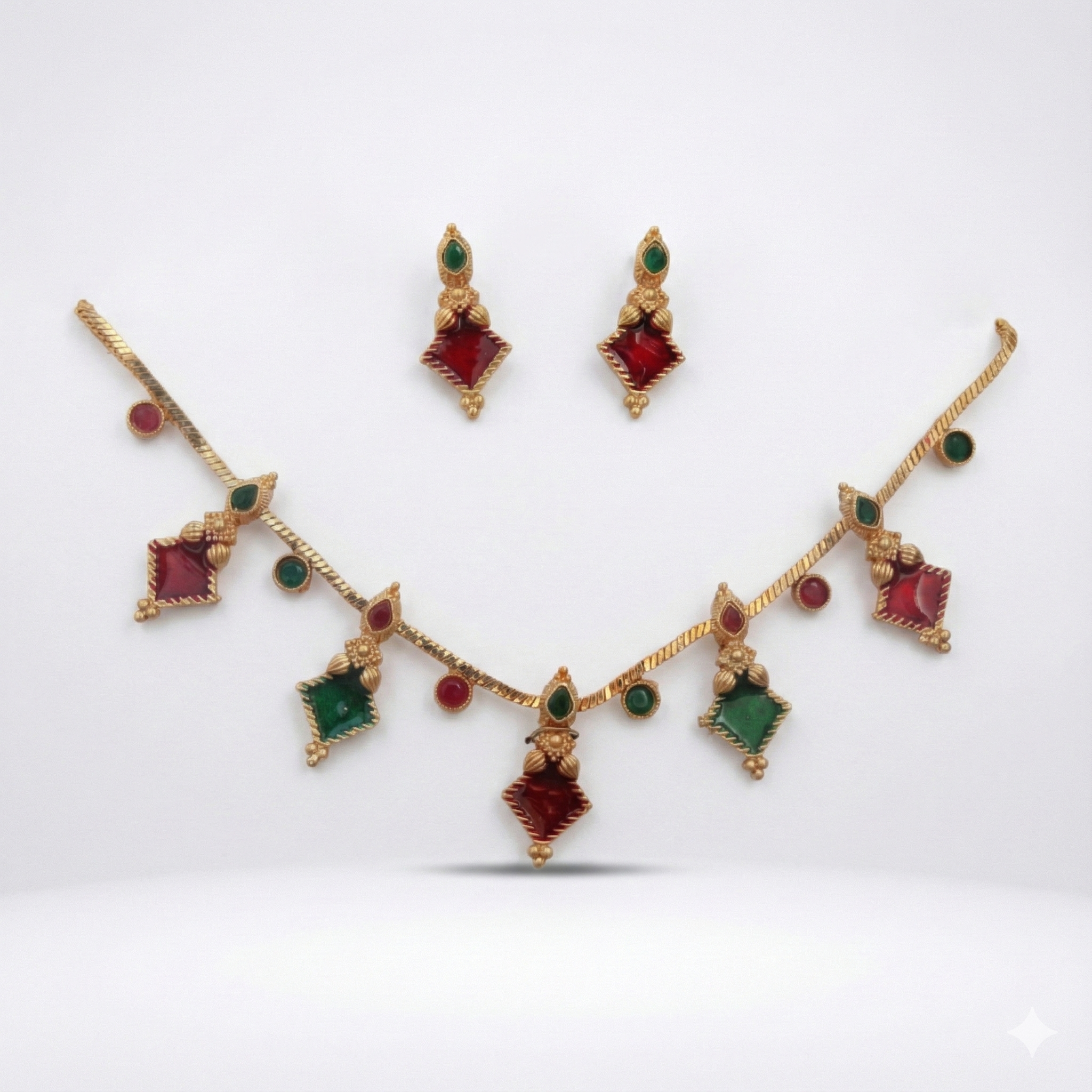 Premium 100% Copper Necklace Set with Diamond Charms | Geometric Red & Green Stones