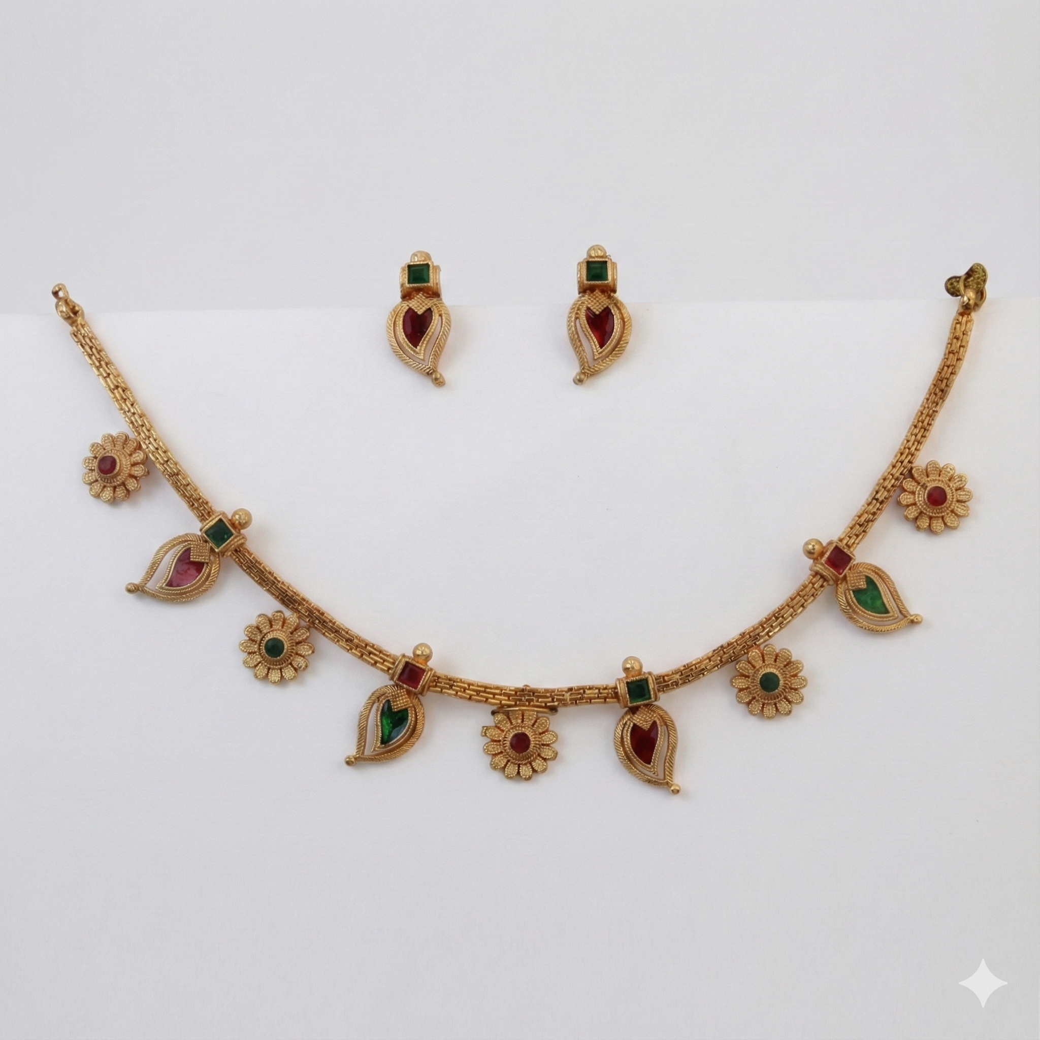 Premium 100% Copper Necklace Set with Floral & Paisley Charms | Red & Green Stones