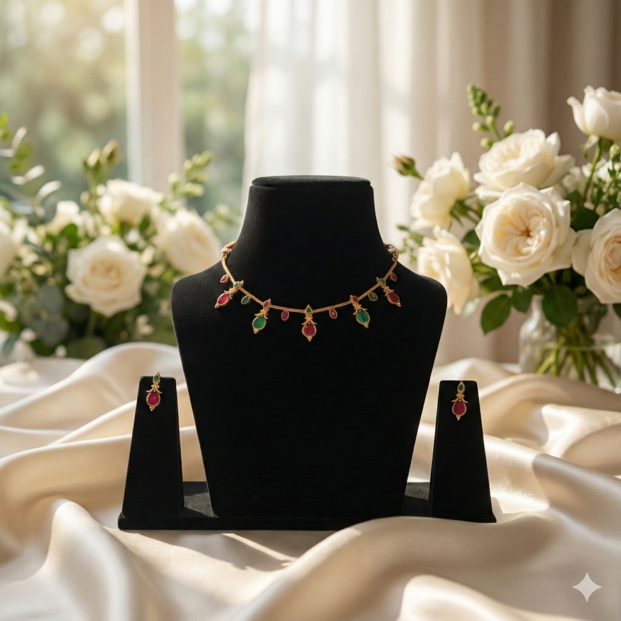 Premium 100% Copper Necklace Set with Teardrop Charms | Red & Green Stones