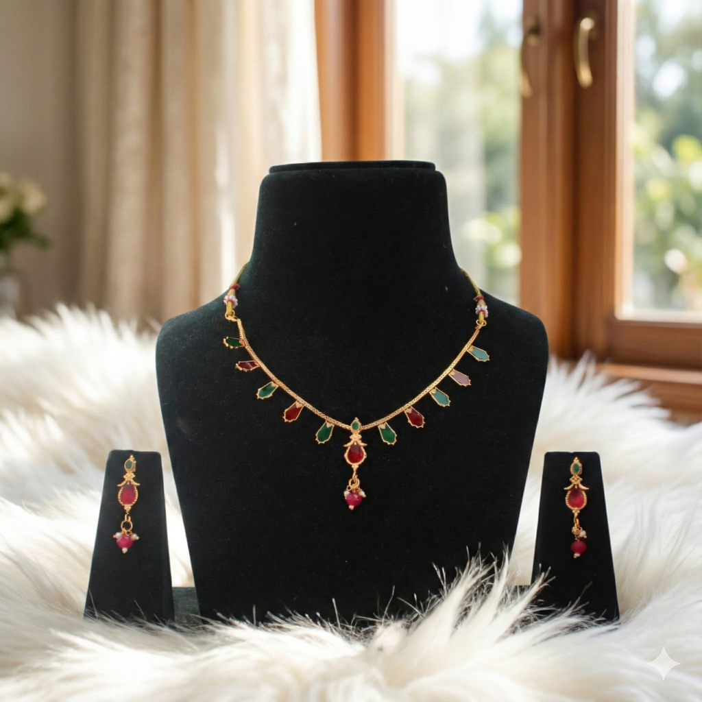 Premium 100% Copper Necklace Set with Geometric Charms & Oval Pendant | Red & Green