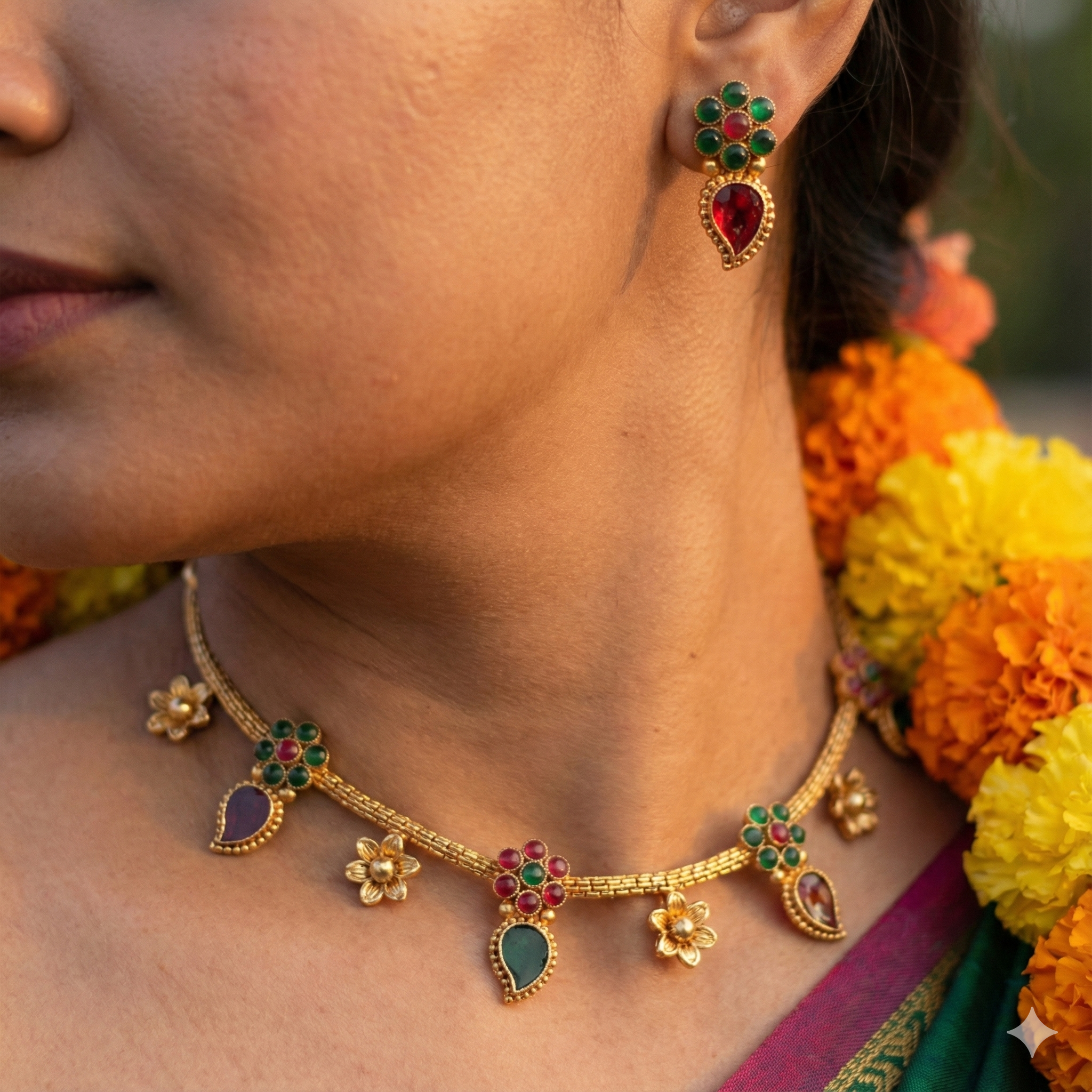 Premium 100% Copper Floral Necklace Set with Red & Green Stones | Gold Plated Jewellery