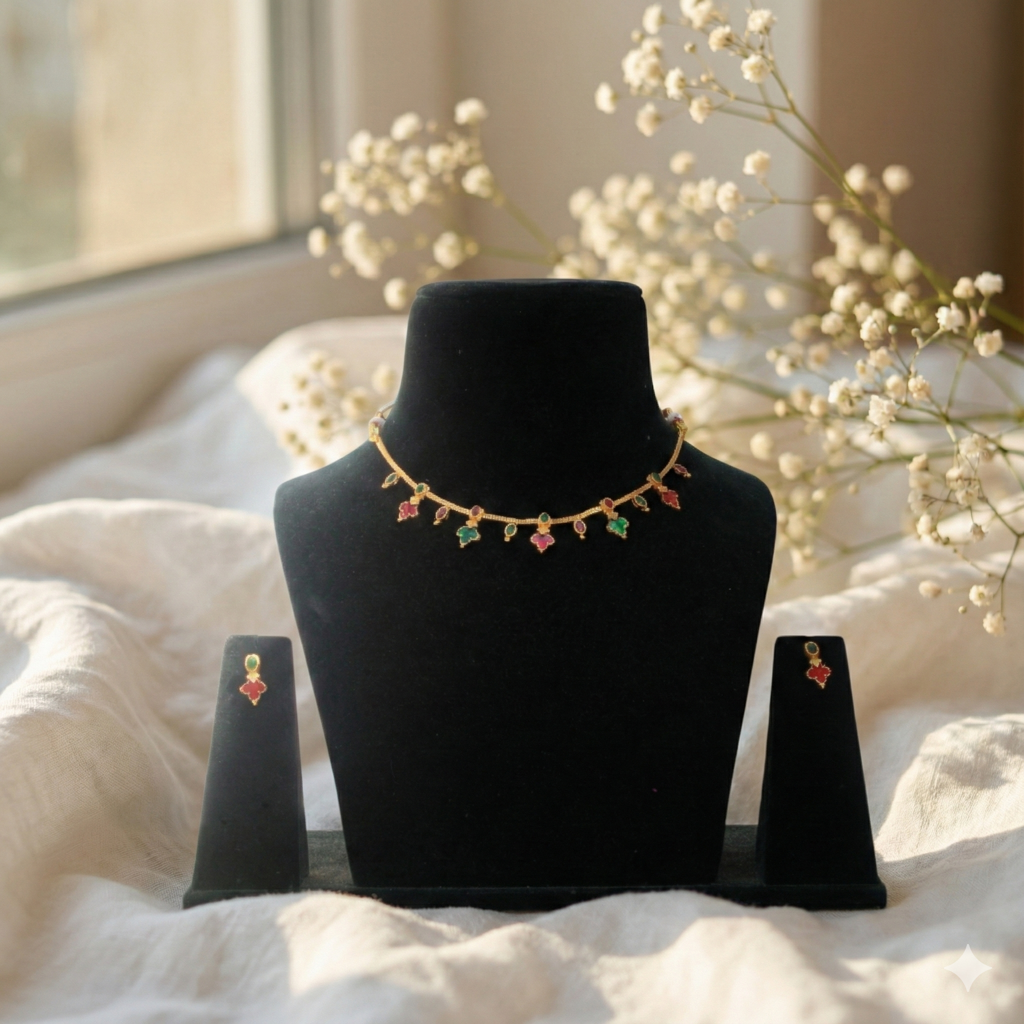 Premium 100% Copper Necklace Set with Stylized Leaf Charms | Red & Green Stones