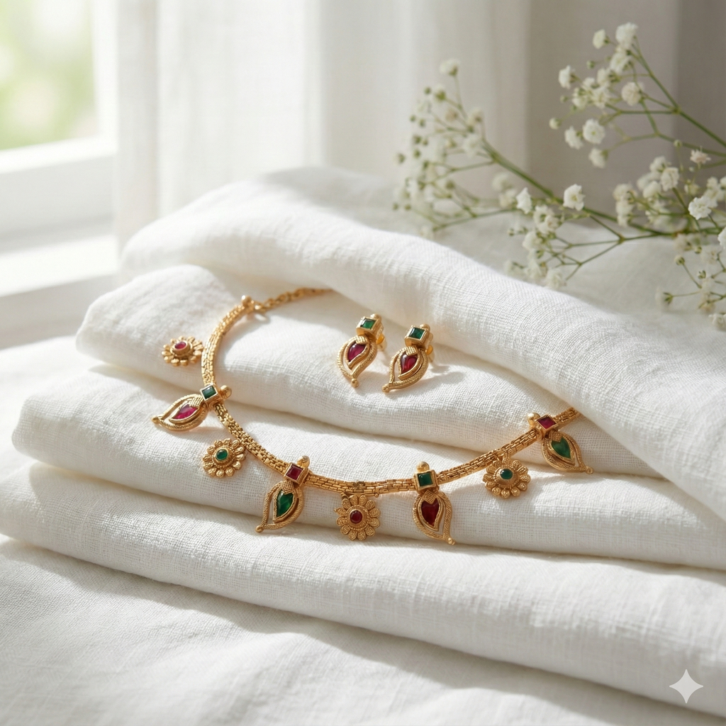 Premium 100% Copper Necklace Set with Floral & Paisley Charms | Red & Green Stones