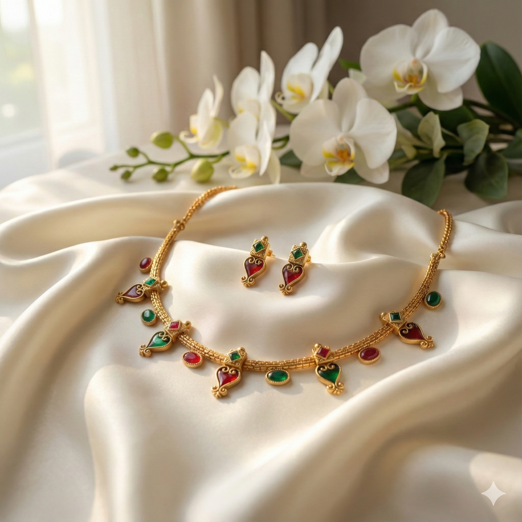 Premium 100% Copper Necklace Set with Red & Green Stones | Gold Plated Adjustable Jewellery