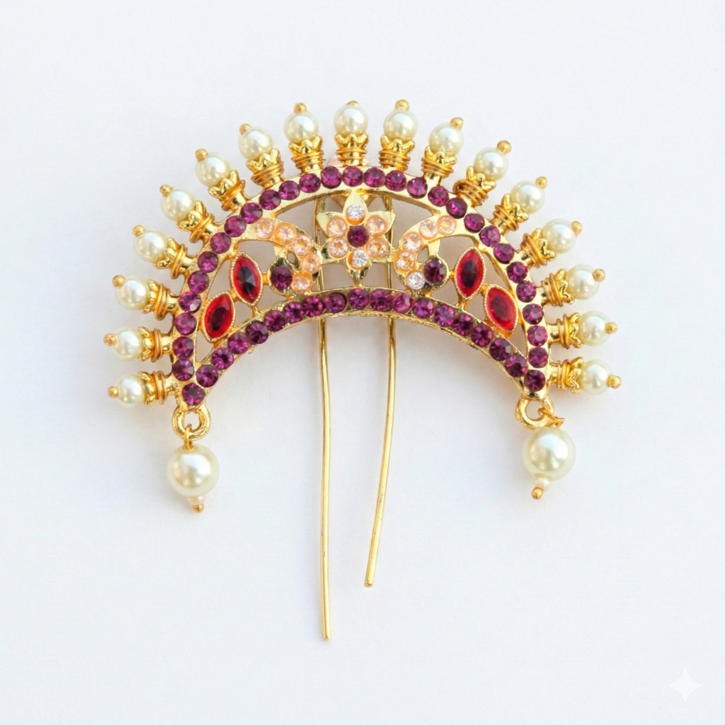 Regal Crown Design Golden Khopa with Ruby Stones | Bridal Hair Accessory