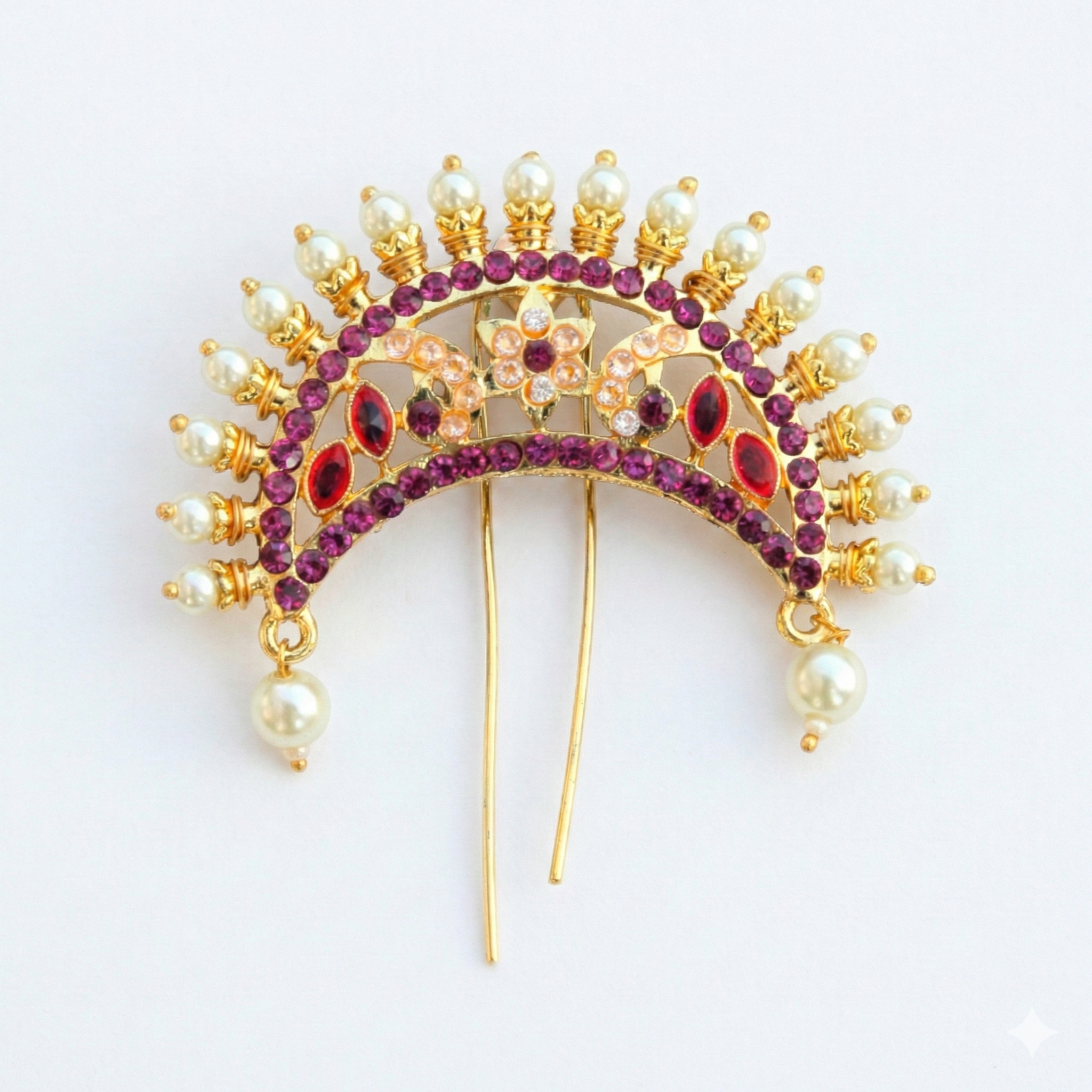 Regal Crown Design Golden Khopa with Ruby Stones | Bridal Hair Accessory