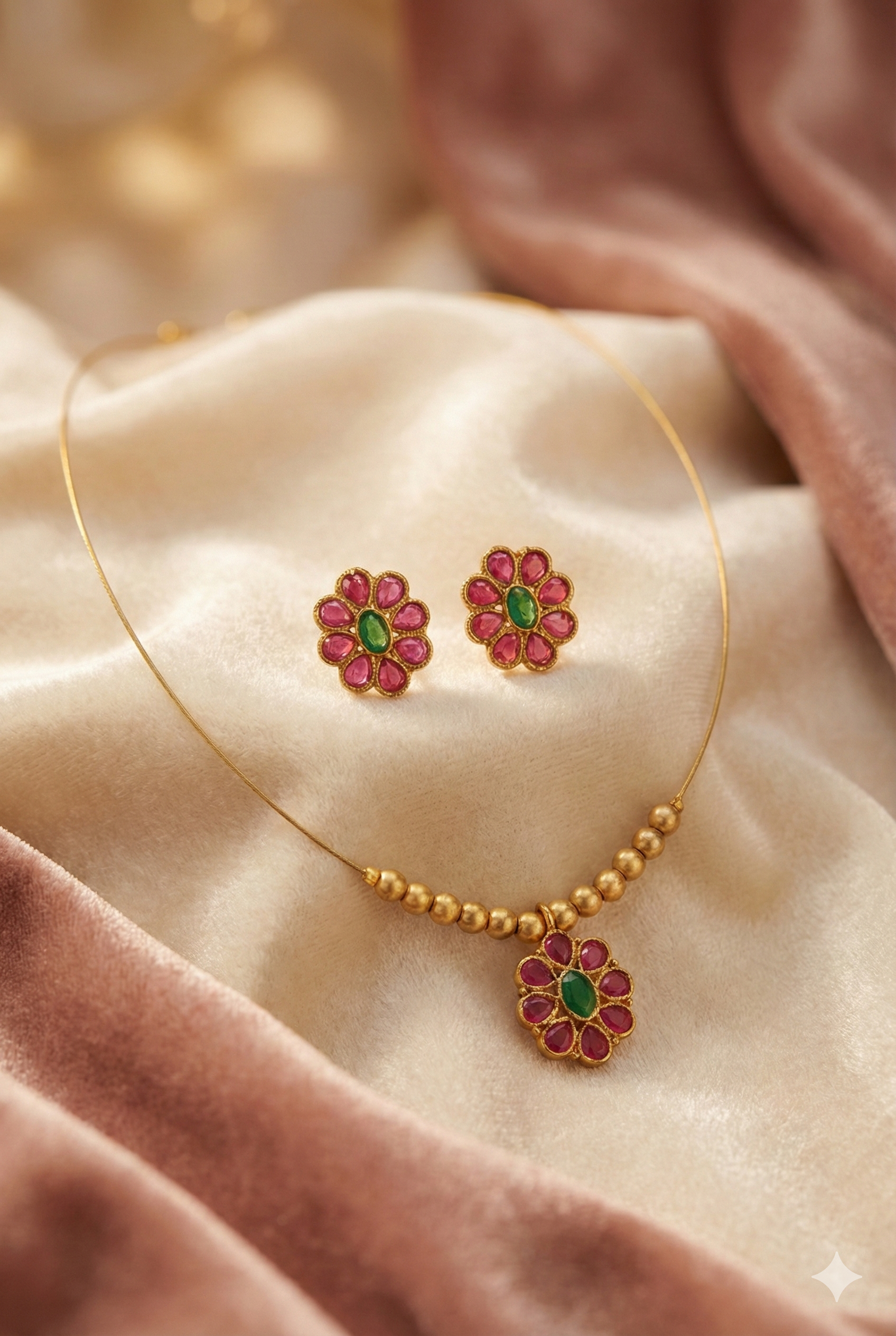 Invisible Floral Necklace Set with Earrings - Gold Plated Red Green Jewelry