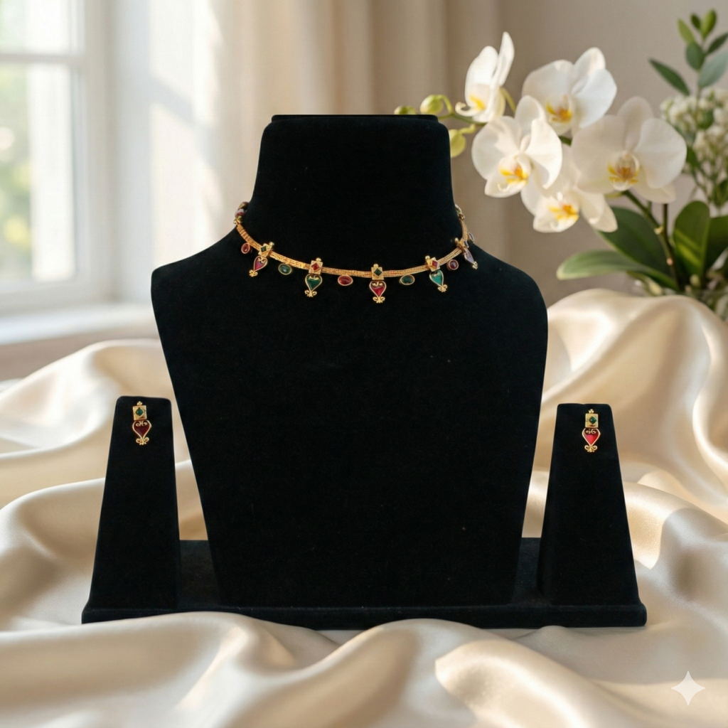 Premium 100% Copper Necklace Set with Red & Green Stones | Gold Plated Adjustable Jewellery