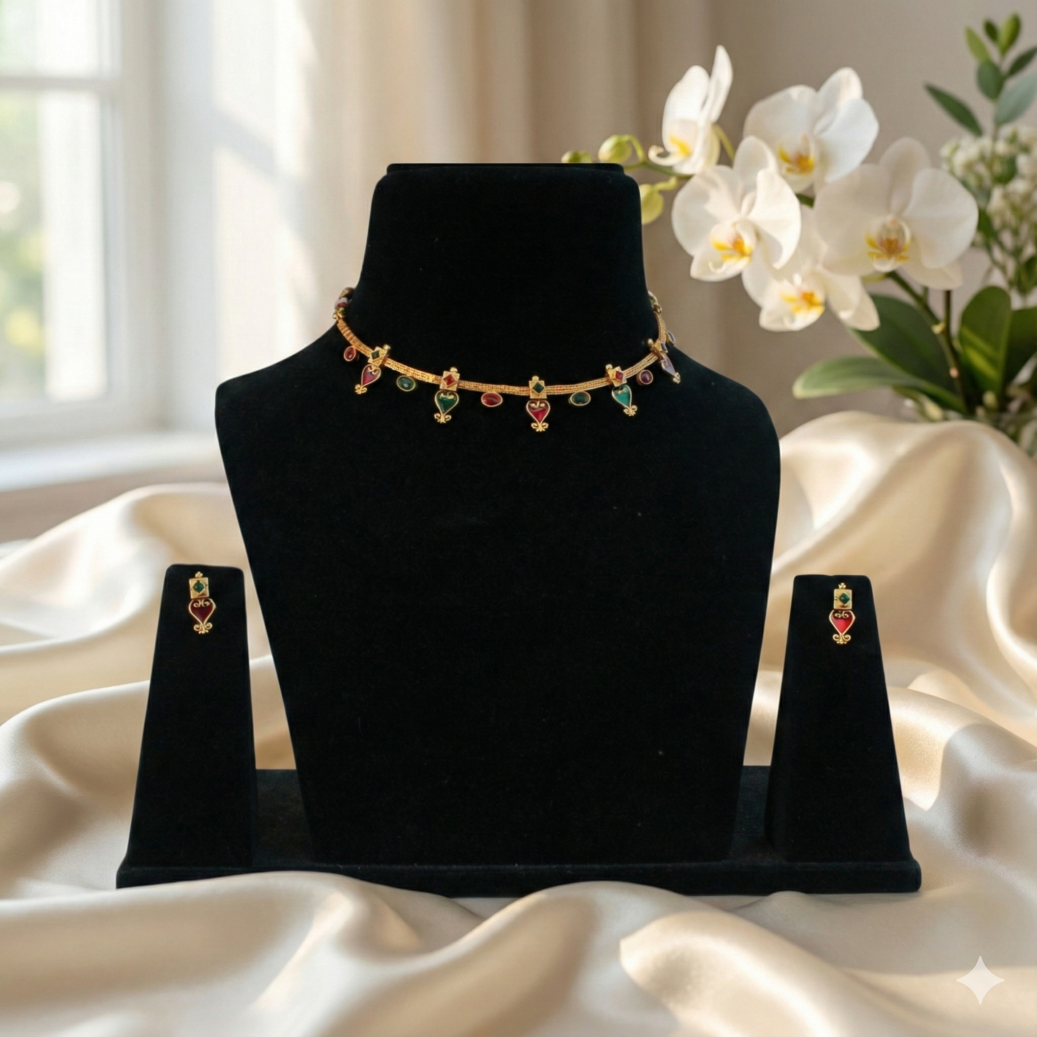 Premium 100% Copper Necklace Set with Red & Green Stones | Gold Plated Adjustable Jewellery
