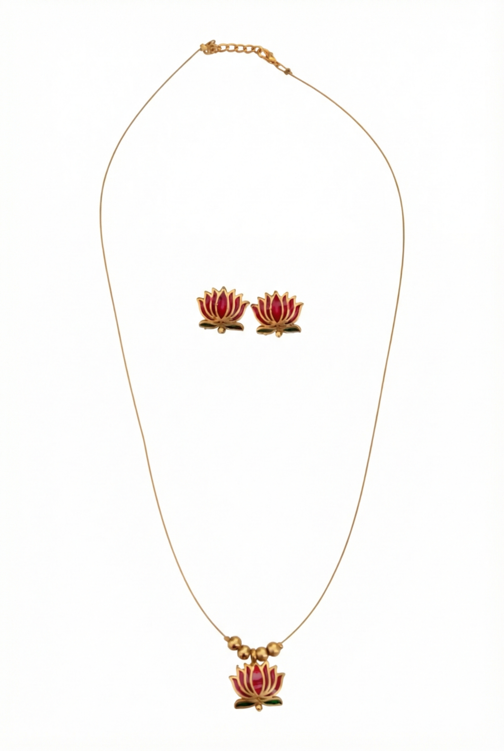 Invisible Lotus Necklace Set with Earrings - Gold Plated Red Enamel Jewelry