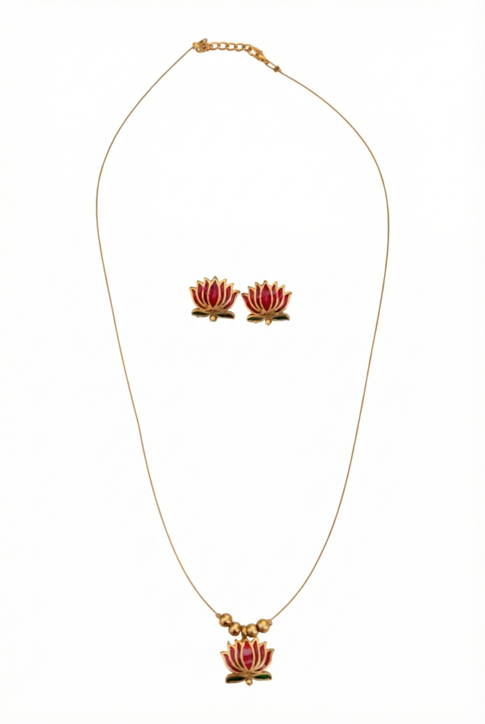 Invisible Lotus Necklace Set with Earrings - Gold Plated Red Enamel Jewelry