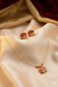 Invisible Lotus Necklace Set with Earrings - Gold Plated Red Enamel Jewelry