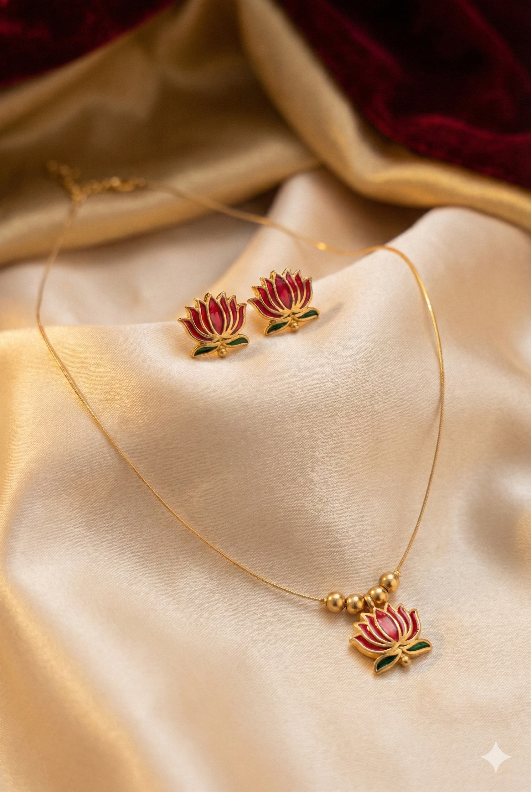 Invisible Lotus Necklace Set with Earrings - Gold Plated Red Enamel Jewelry