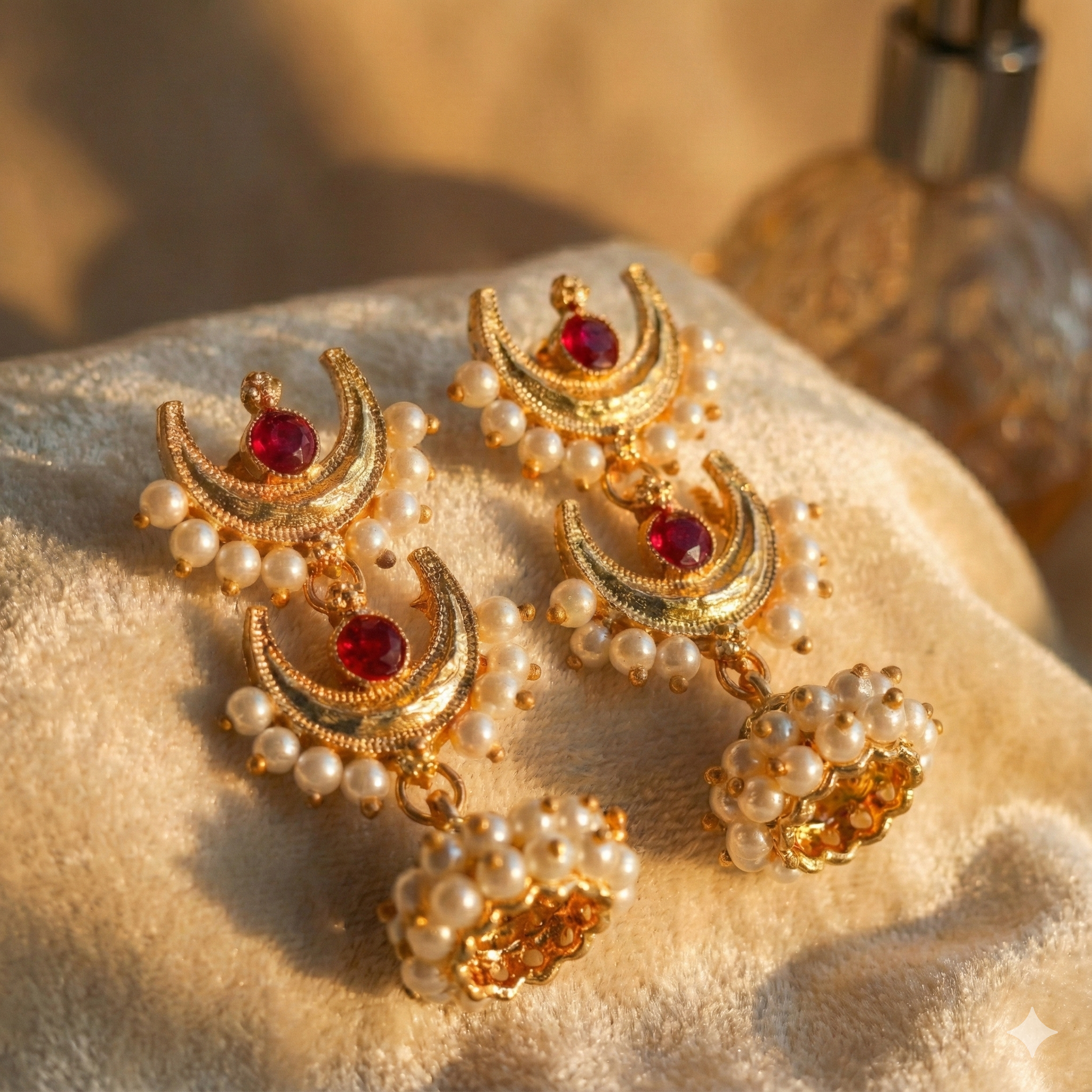 Double Chandbali Pearl Jhumka Earrings with Red Stones | Gold Plated Ethnic Jewellery