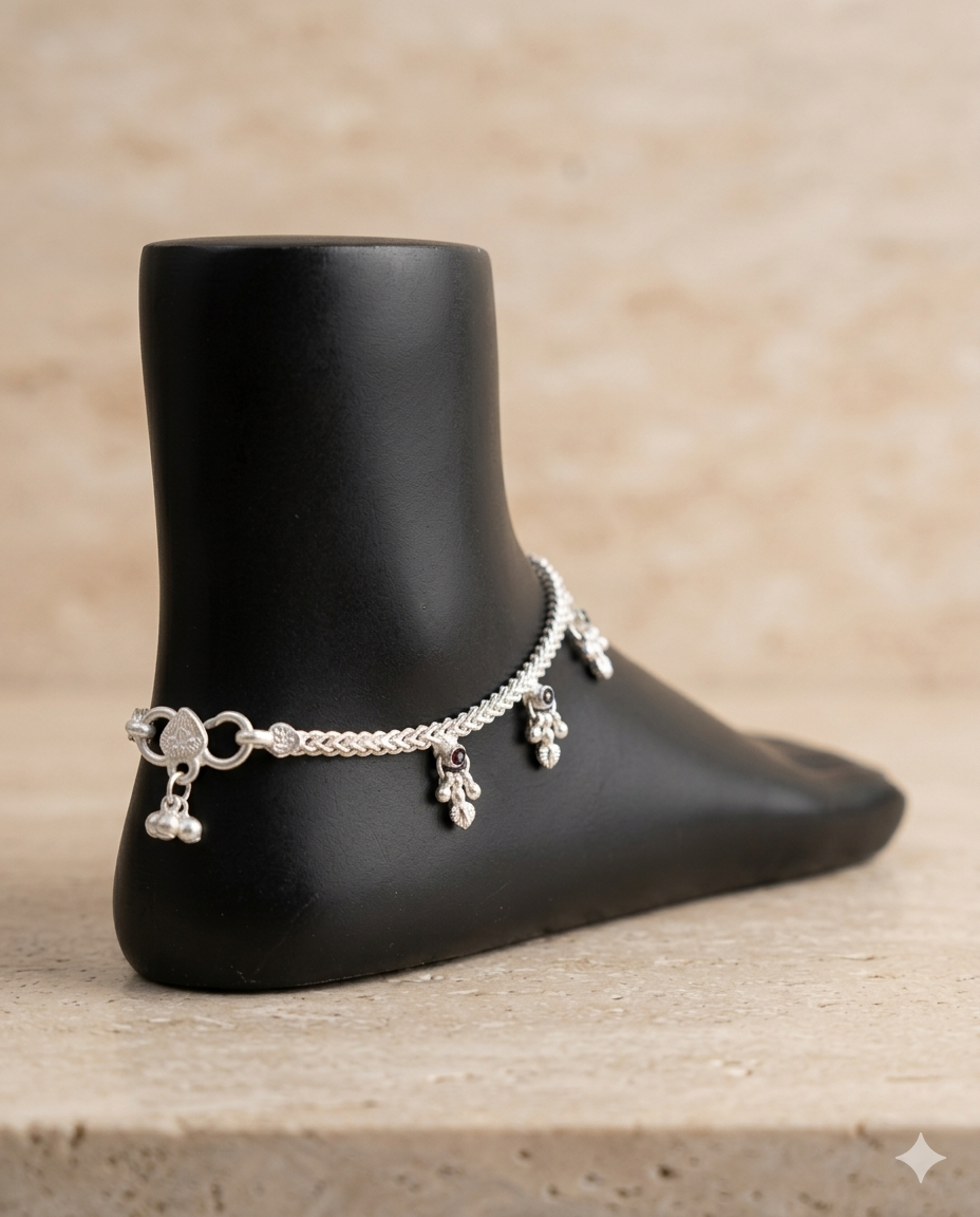 Silver-Plated Charm Payal – Metal Alloy Anklet with Black Stone & Ghungroo