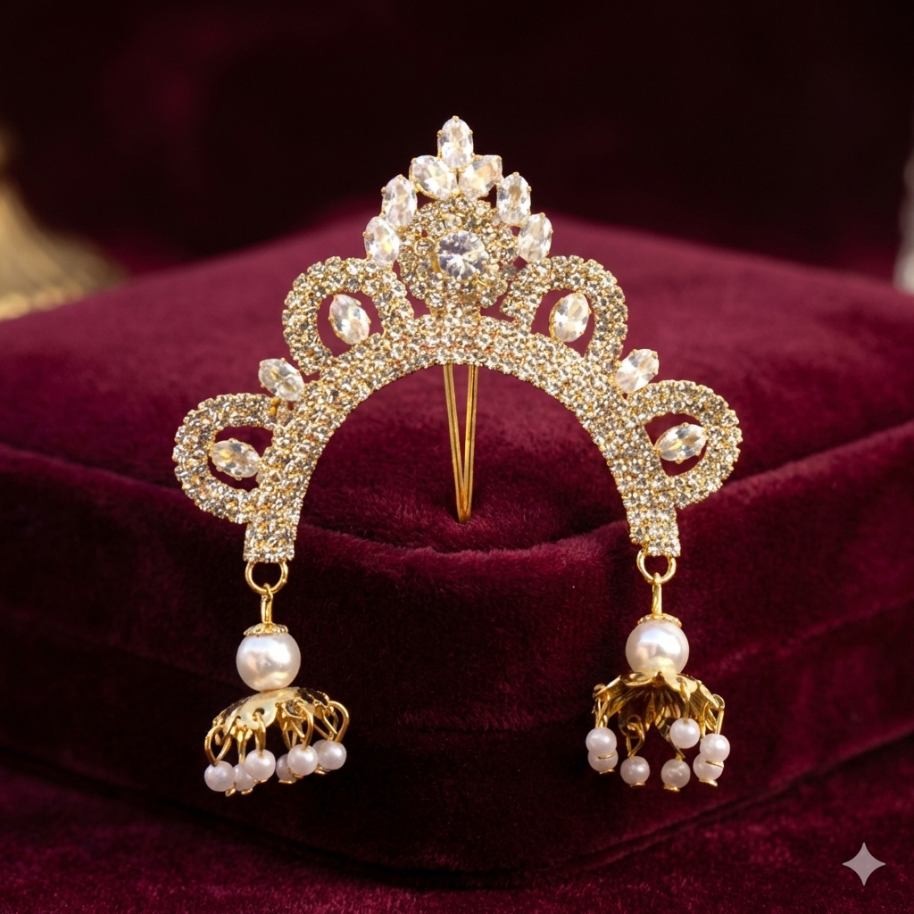 Designer Golden Khopa with Jhumka Drops | Bridal Hair Jewelry