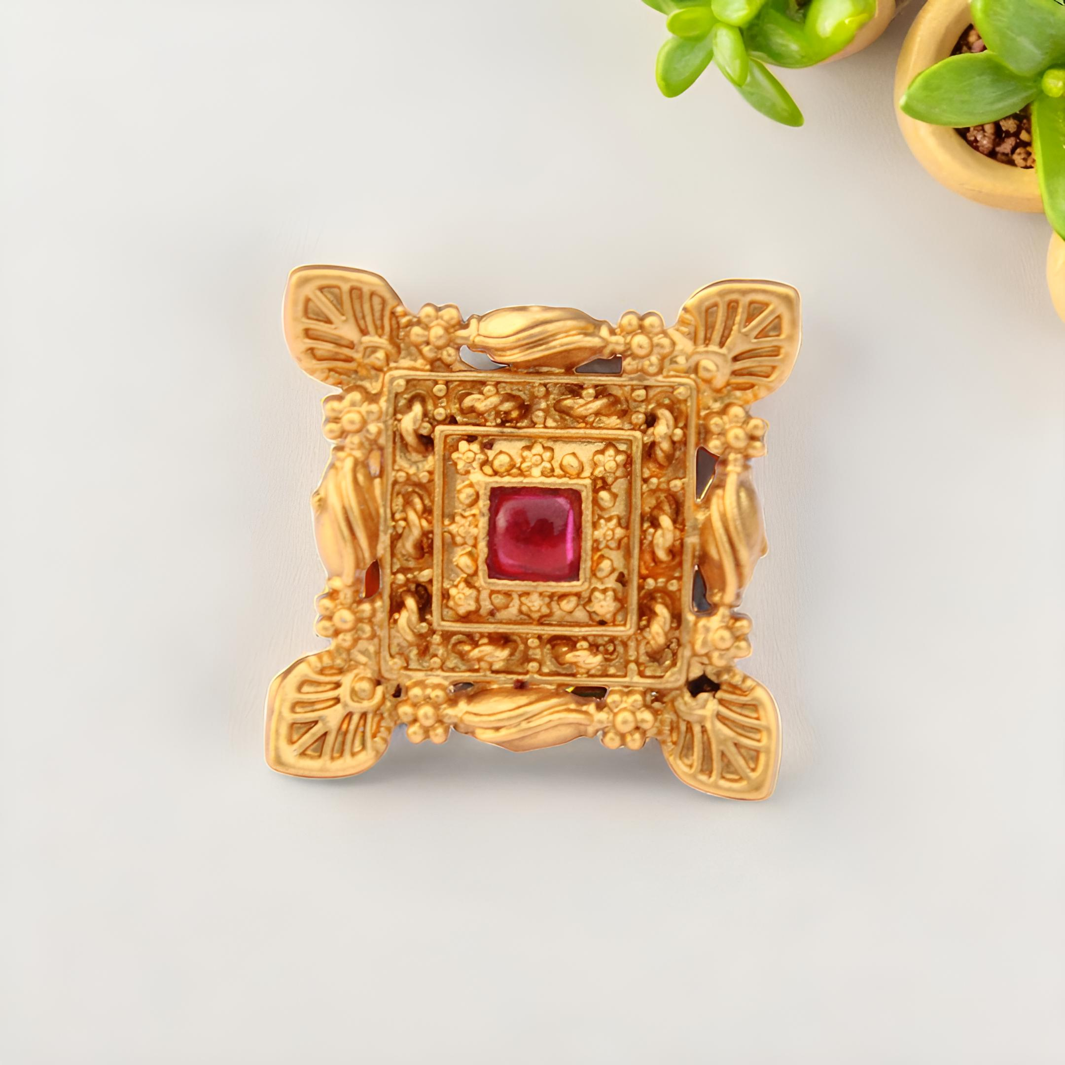 Premium Gold Plated Geometric Square Finger Ring | Red Stone Adjustable Ring