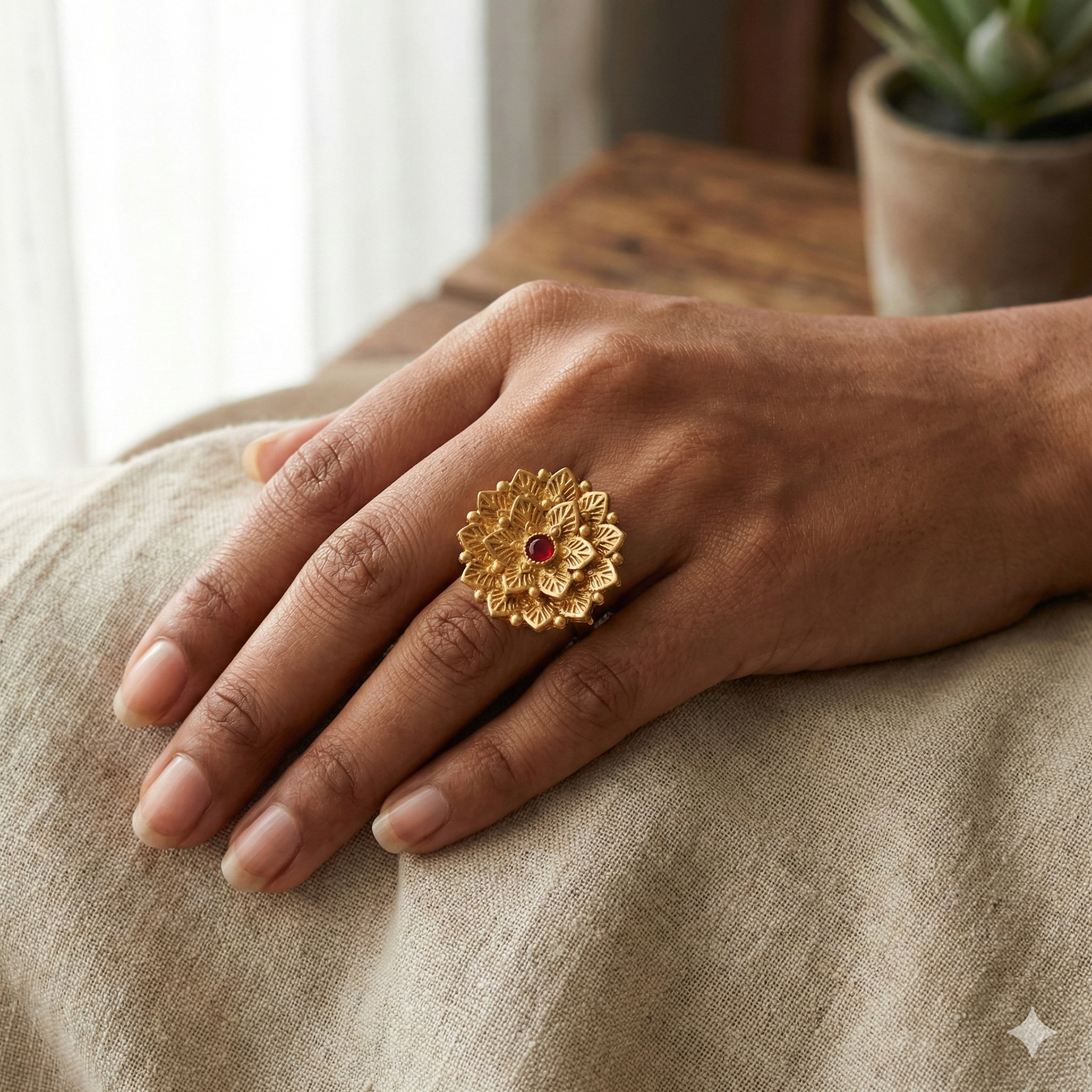 Gold Plated Sunburst Ring - Adjustable Traditional Floral Ring with Red Stone