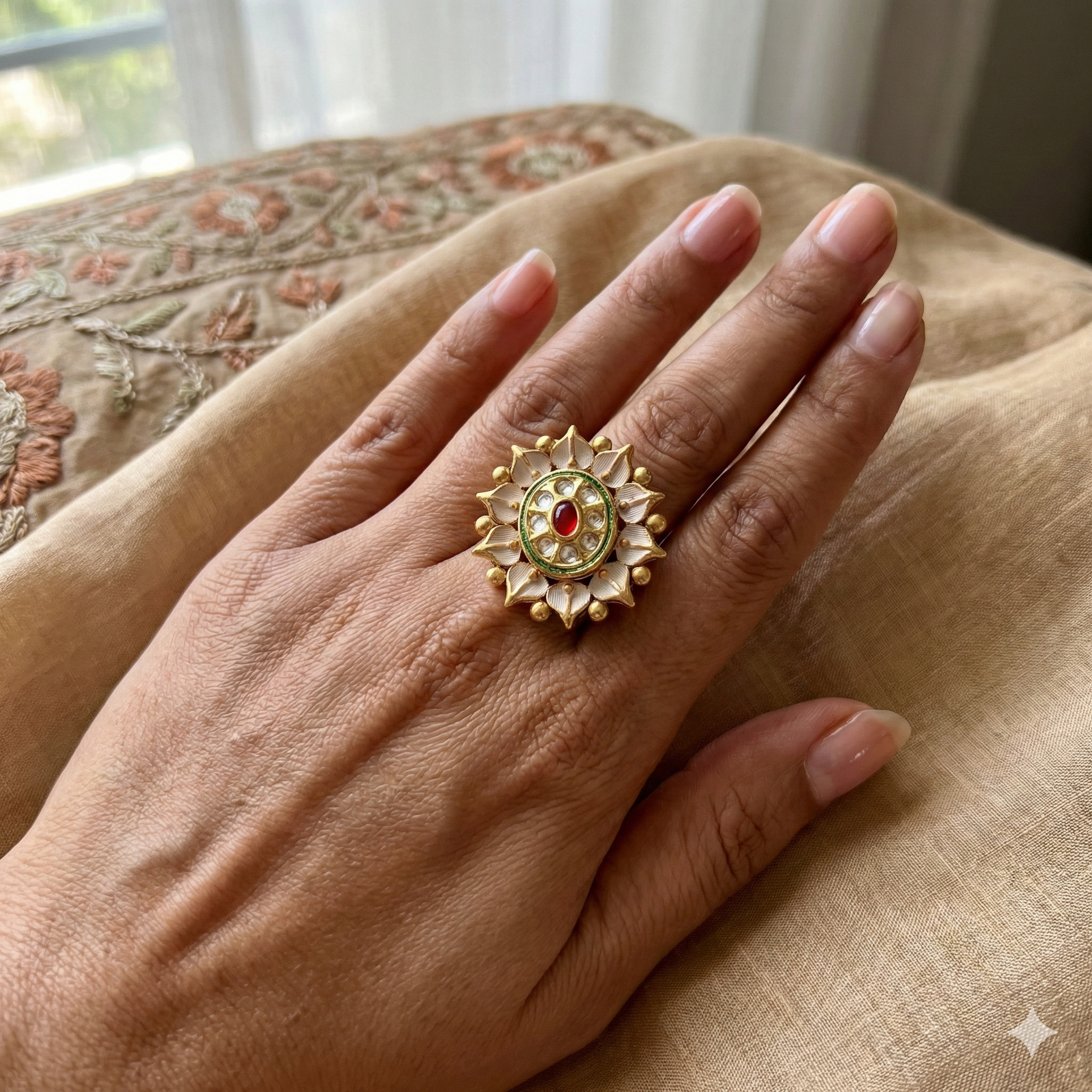 Golden Sunburst Adjustable Ring with Kundan Work - Imitation Jewelry