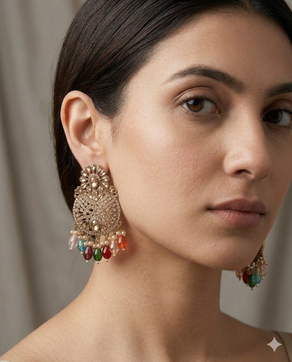 2-in-1 Transformable Kundan Earring Set - Golden Imitation Jewelry with Chain & Multicolor Beads