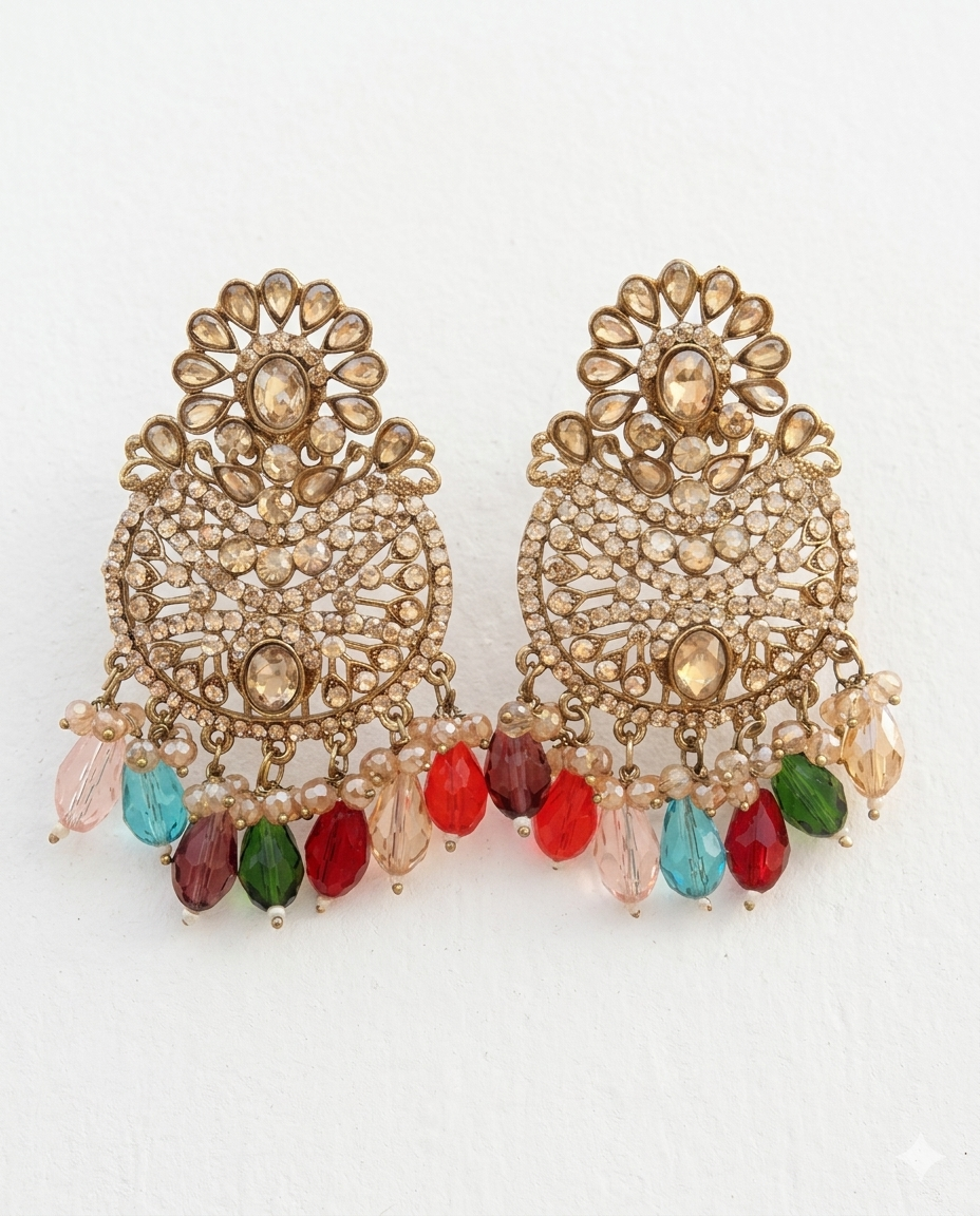 2-in-1 Transformable Kundan Earring Set - Golden Imitation Jewelry with Chain & Multicolor Beads