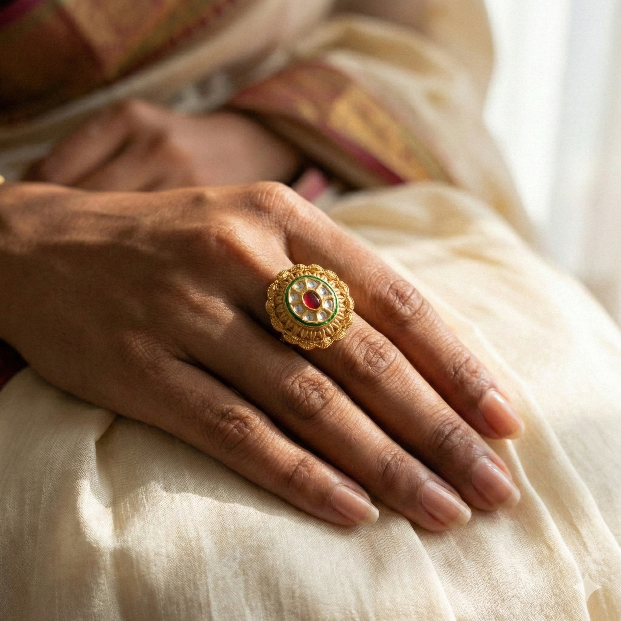 Gold Plated Kundan Ring - Adjustable Traditional Indian Wedding Ring with Red Green Stones