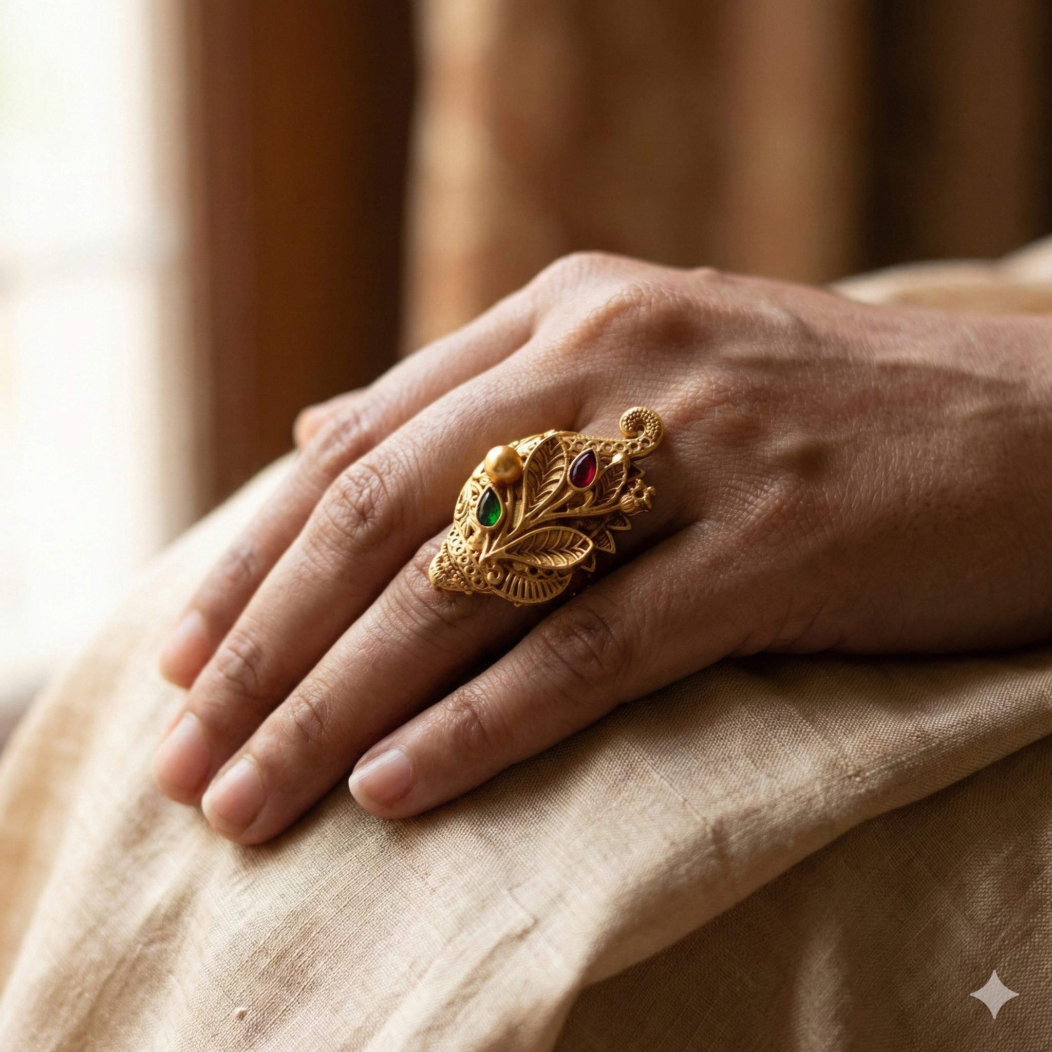 Golden Peacock Leaf Design Adjustable Ring - Imitation Jewelry