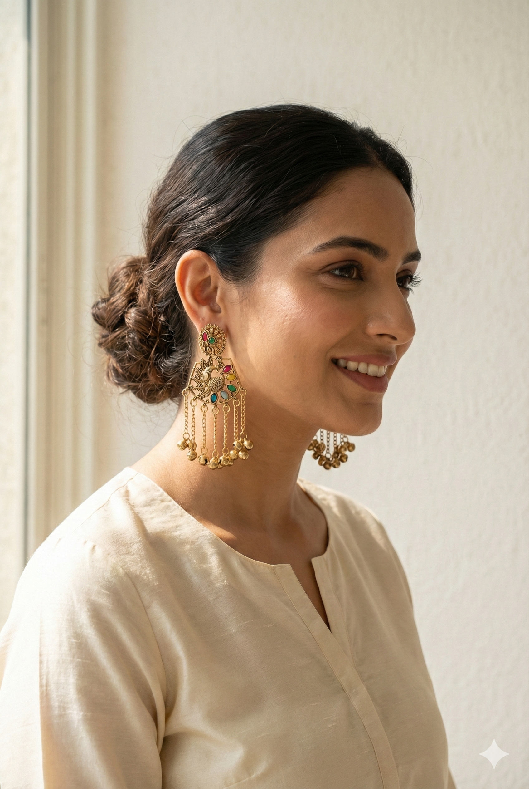 Kashmiri Peacock Earrings - Golden Imitation Jewelry with Multicolor Stones & Ghungroo