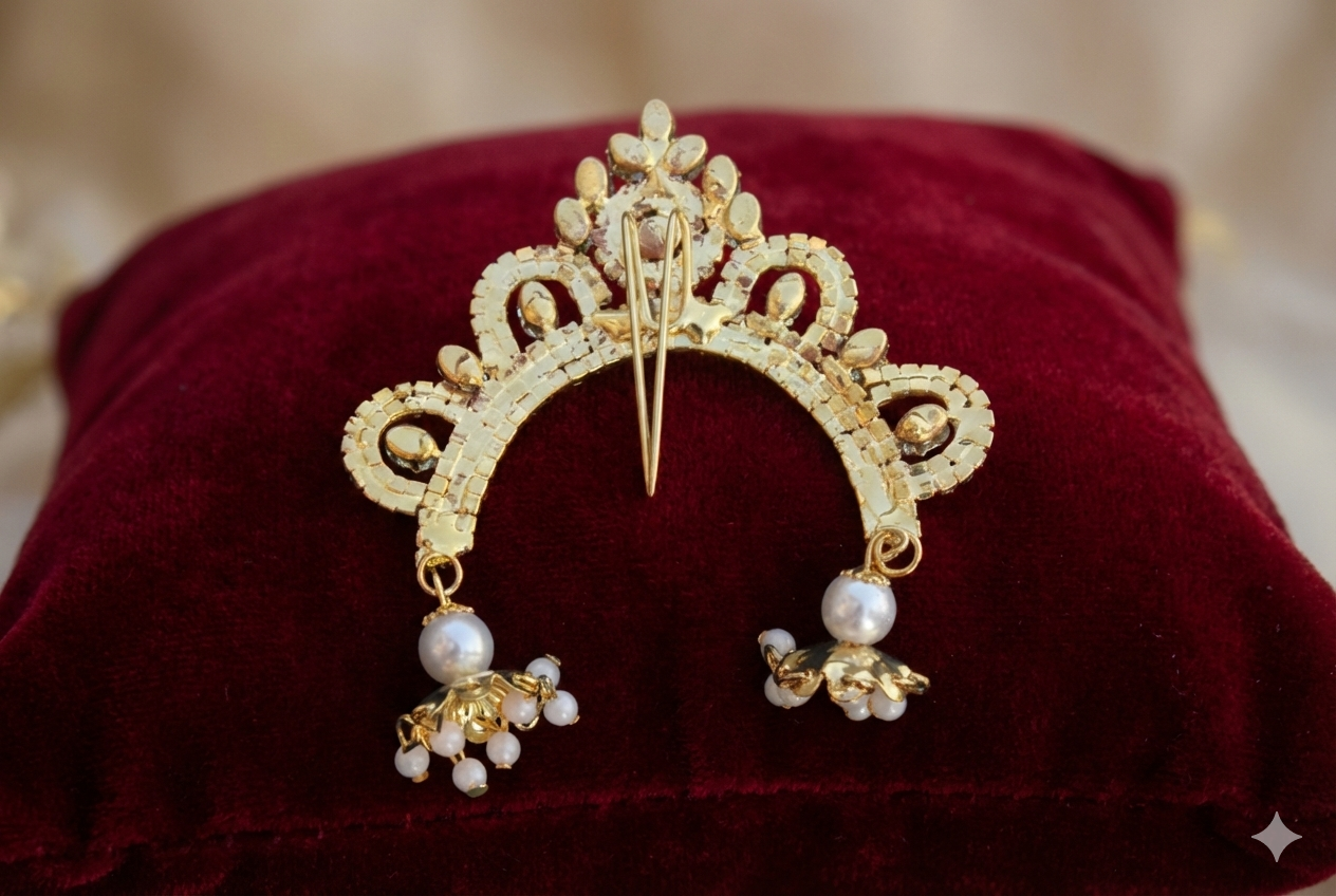 Designer Golden Khopa with Jhumka Drops | Bridal Hair Jewelry
