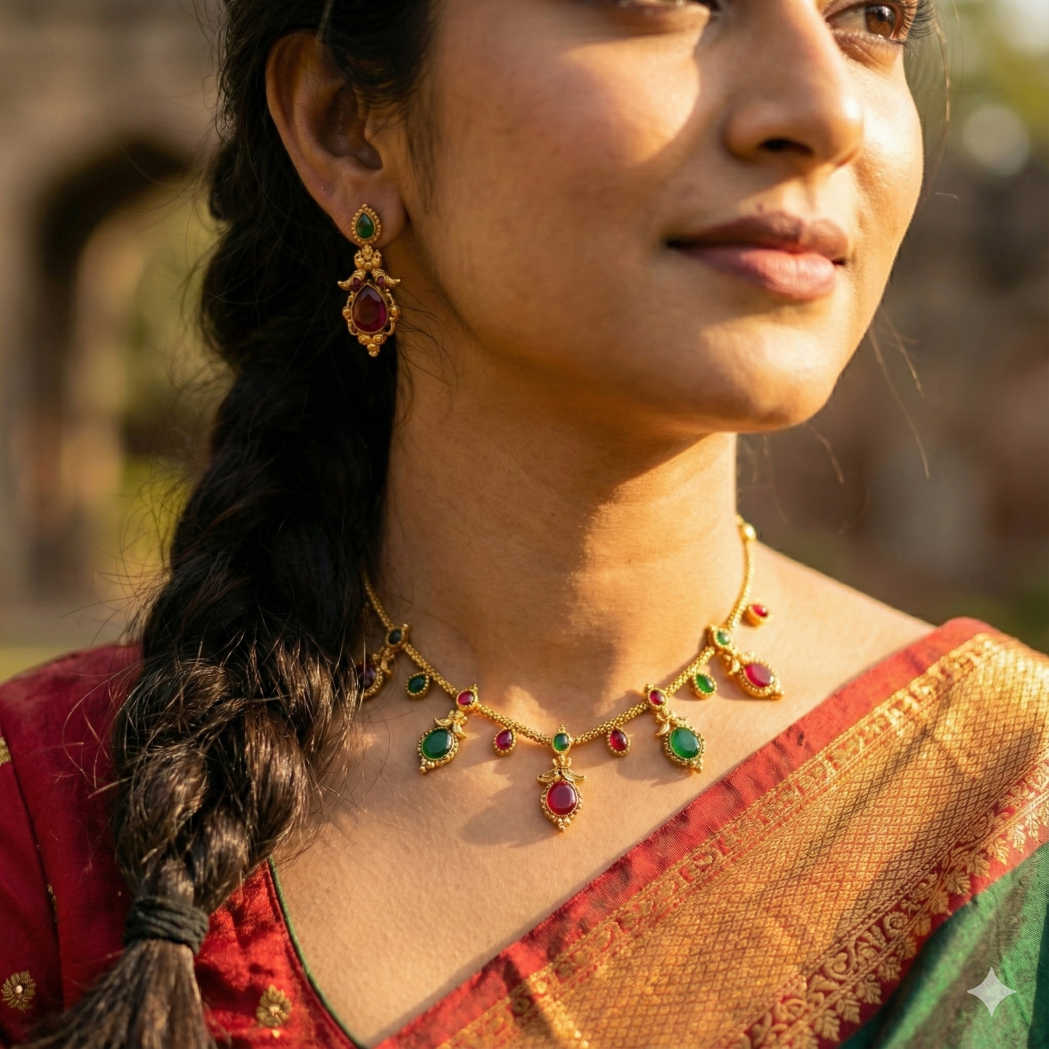 Premium 100% Copper Necklace Set with Teardrop Charms | Red & Green Stones