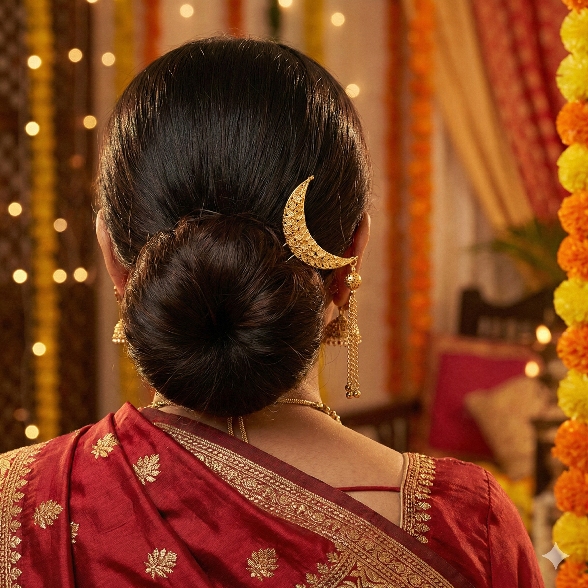 Designer Crescent Golden Khopa with Chain & Beads | Hair Accessory