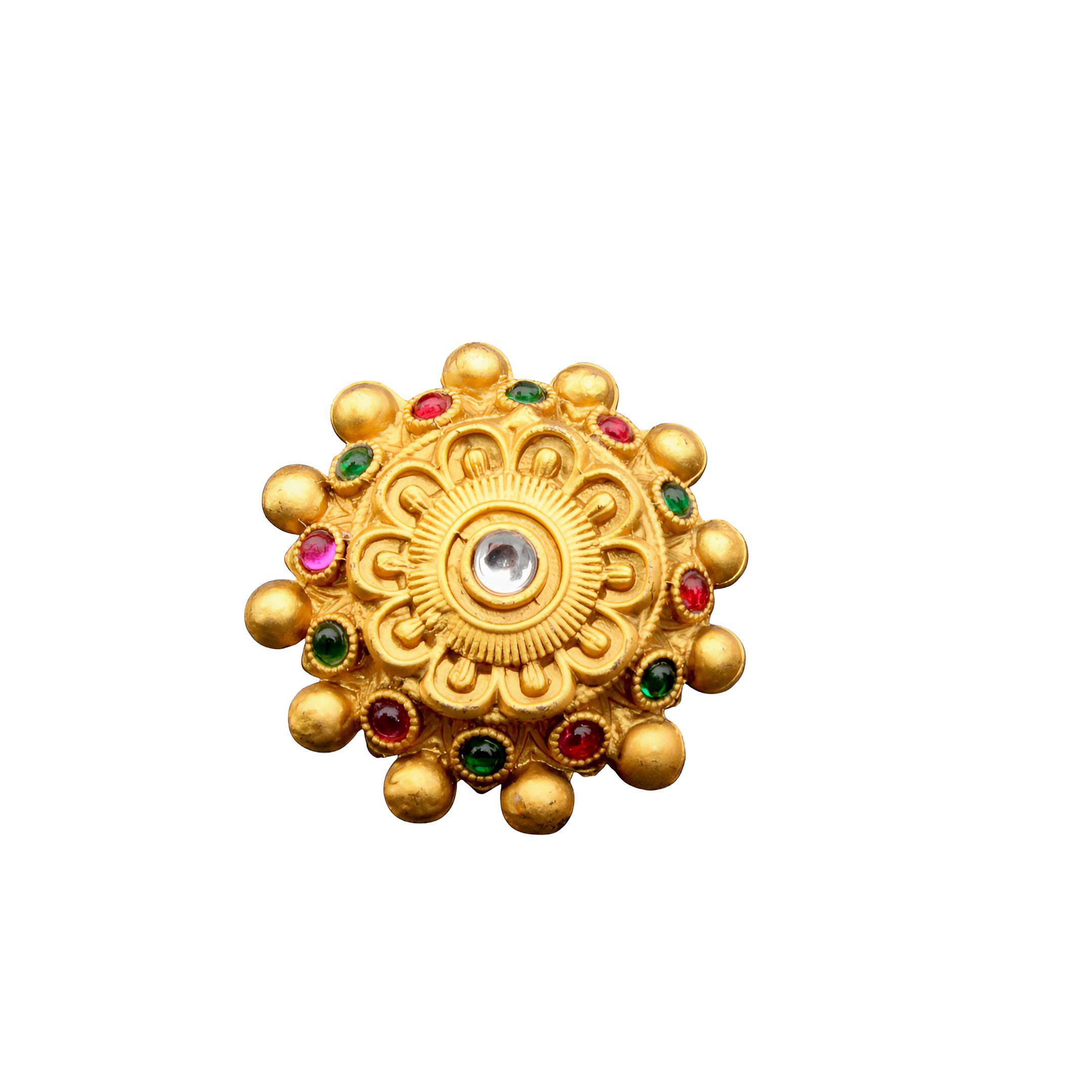 Gold Plated Traditional Ring - Adjustable Antique Ring with Multicolor Stones and Pearl Accents