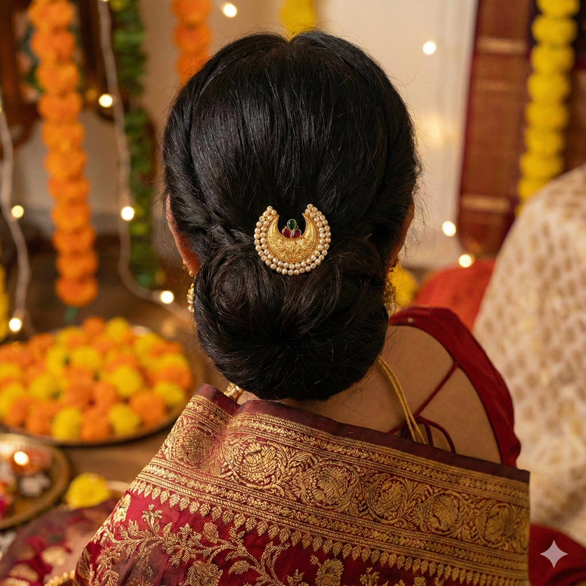Traditional Crescent Moon Golden Khopa with Pearl Border | Hair Accessory