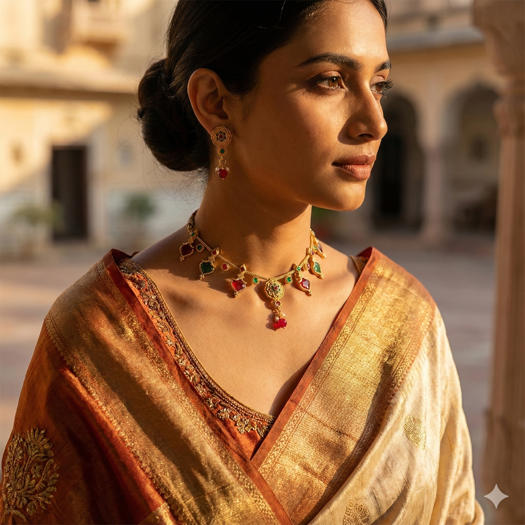 Premium 100% Copper Necklace Set with Floral & Leaf Charms | Red & Green Stones