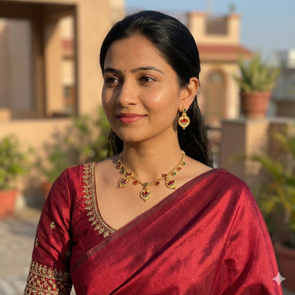 Premium 100% Copper Coin Necklace Set with Lotus Motif | Red & Green Stones