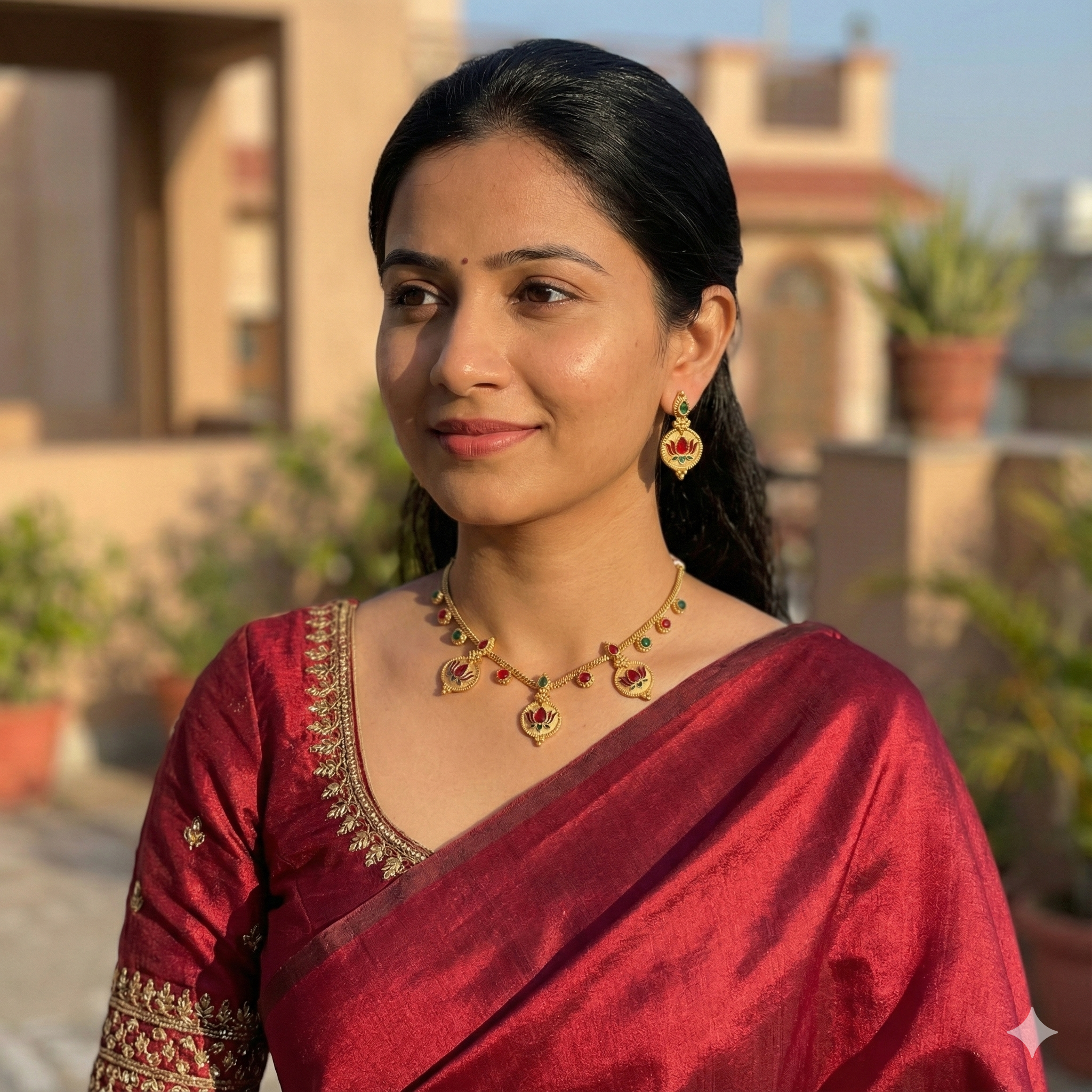 Premium 100% Copper Coin Necklace Set with Lotus Motif | Red & Green Stones