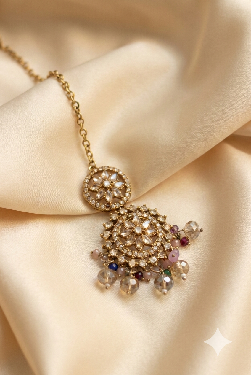 Kundan Floral Necklace Set with Earrings & Maang Tikka | Beige Stone Imitation Jewellery