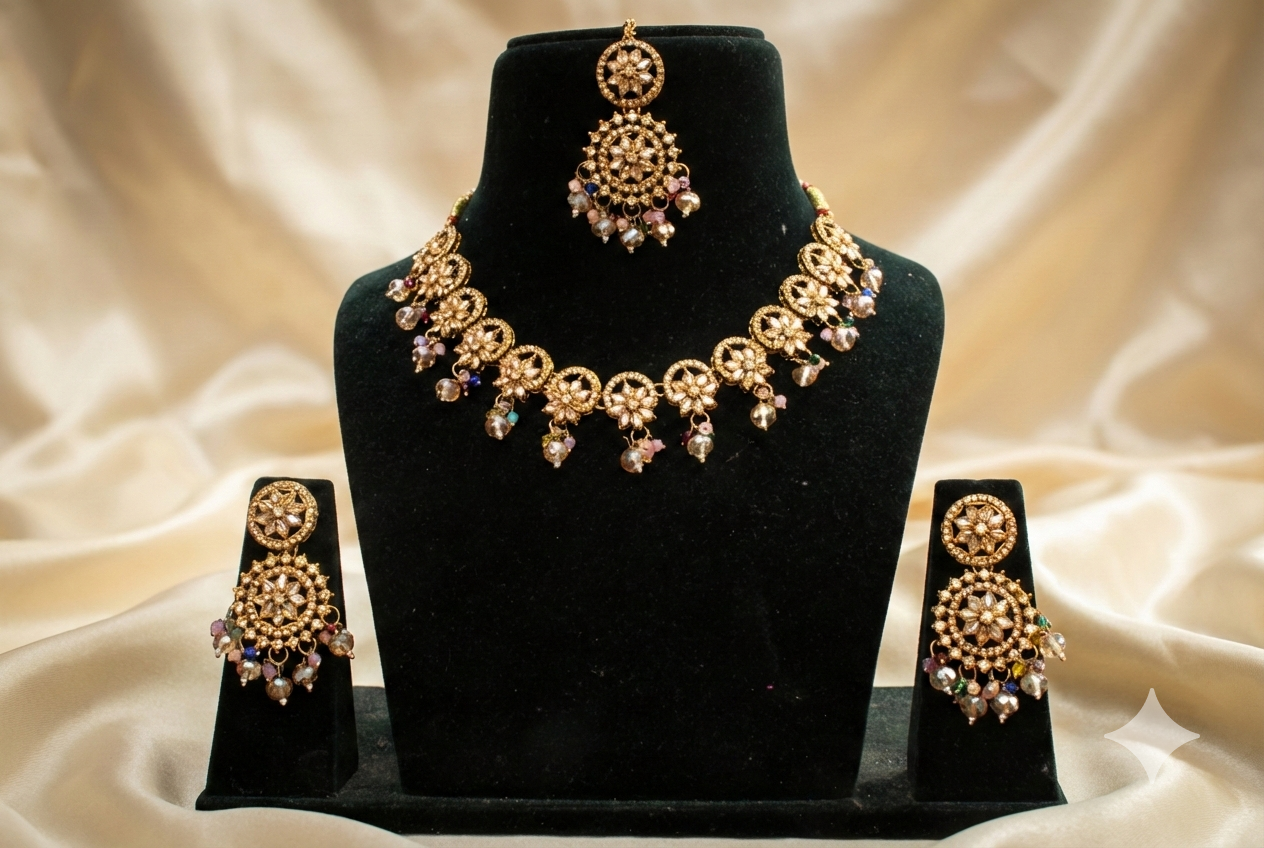 Kundan Floral Necklace Set with Earrings & Maang Tikka | Beige Stone Imitation Jewellery