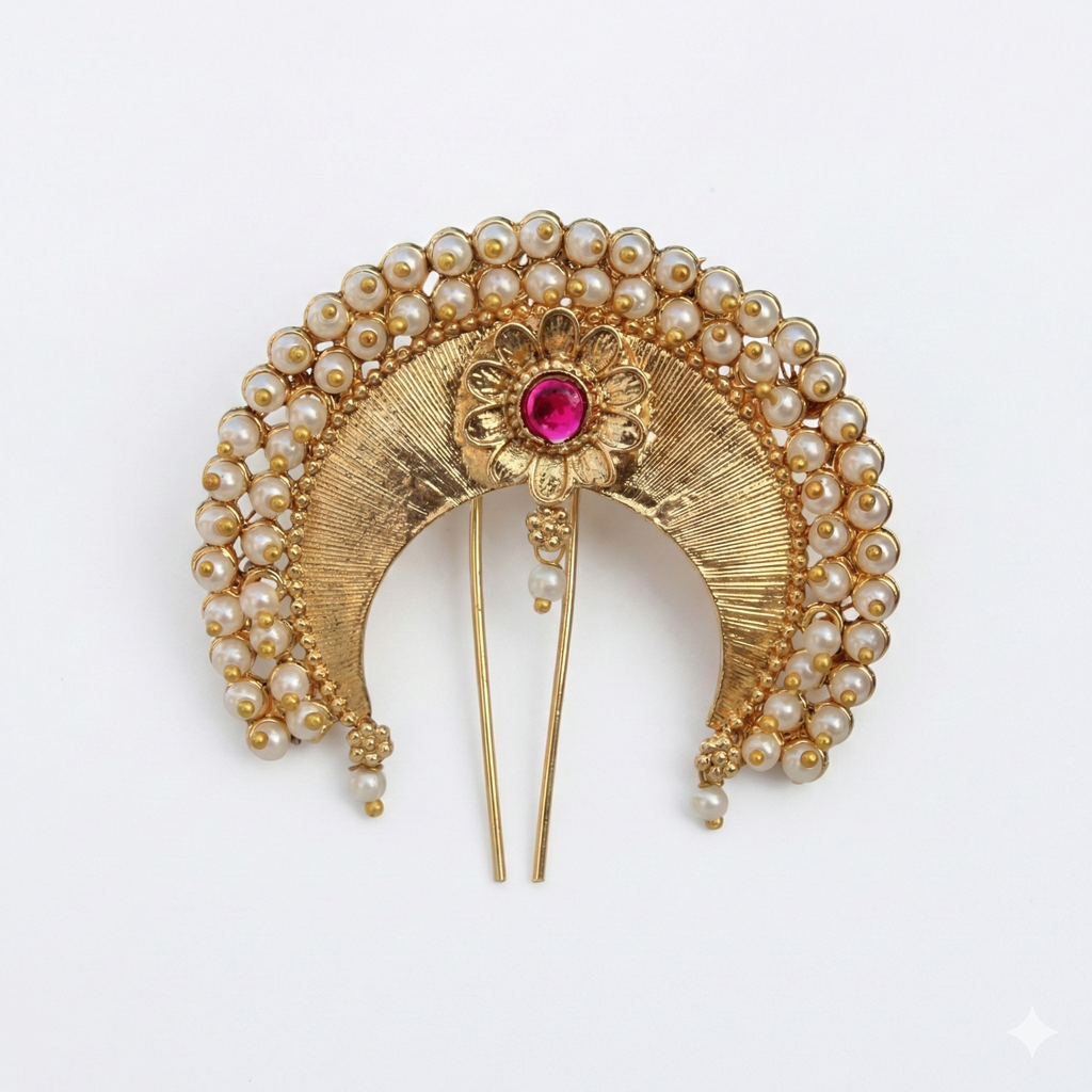 Peacock Feather Golden Khopa with Ruby Stone | Bridal Hair Jewelry