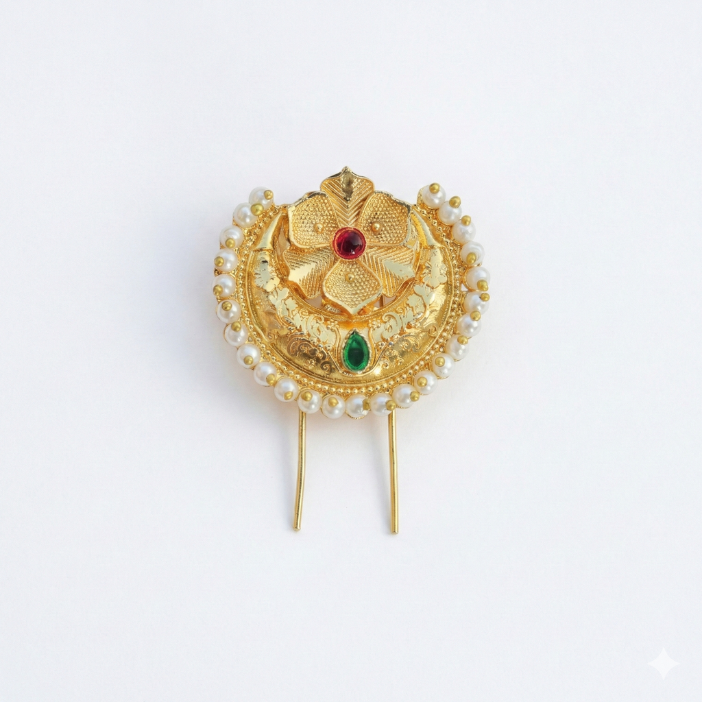 Classic Floral Golden Khopa with Stones | Traditional Hair Pin Jewelry
