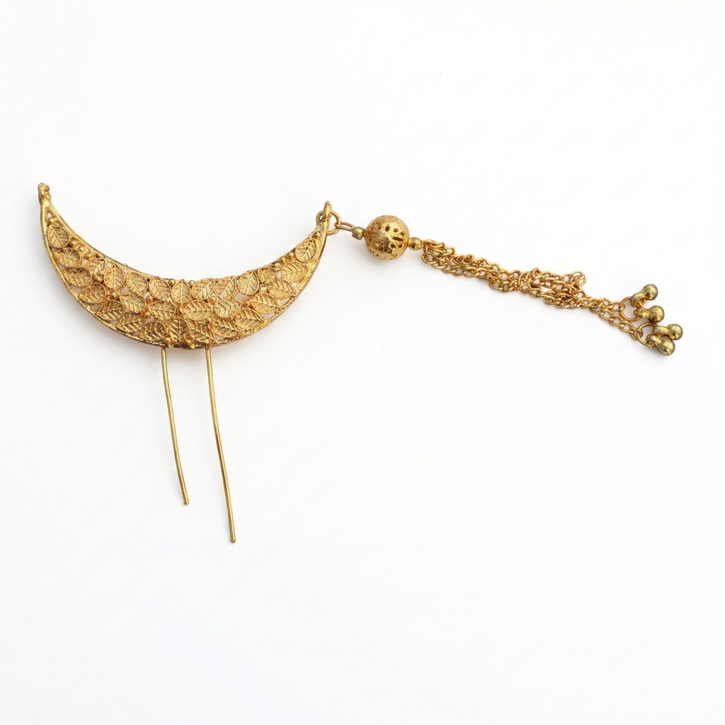 Designer Crescent Golden Khopa with Chain & Beads | Hair Accessory