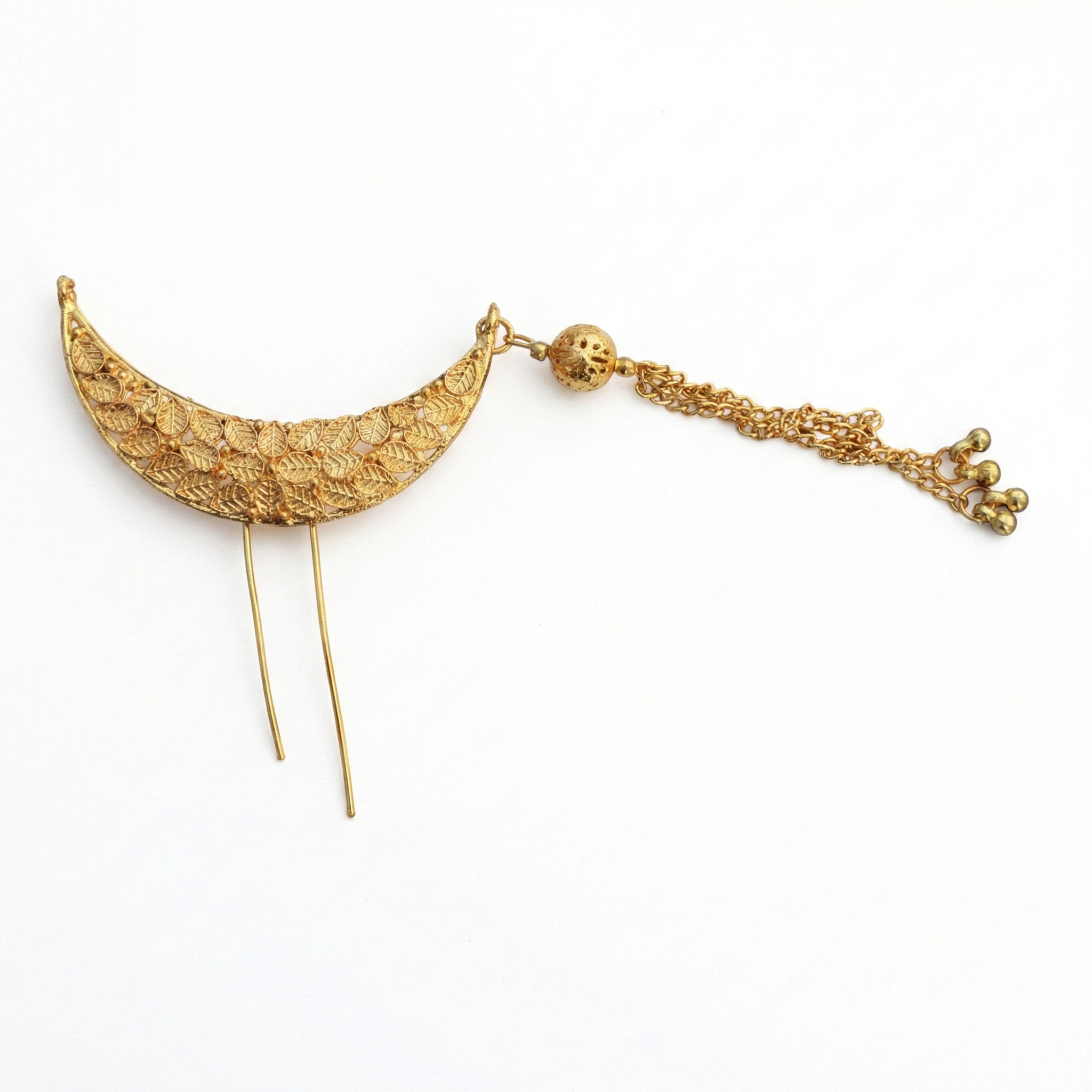 Designer Crescent Golden Khopa with Chain & Beads | Hair Accessory