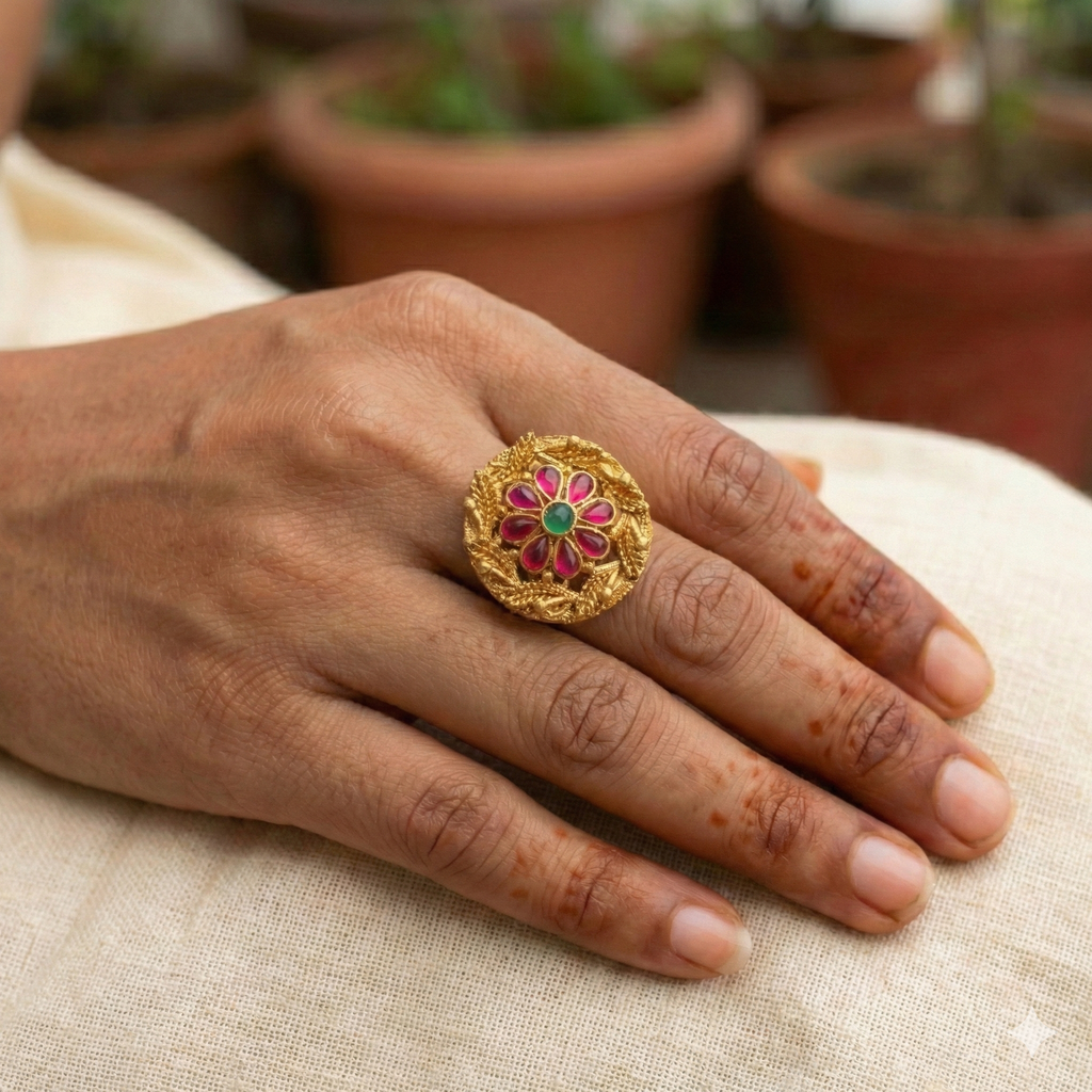 Golden Floral Ring with Pink and Green Stones - Imitation Jewelry