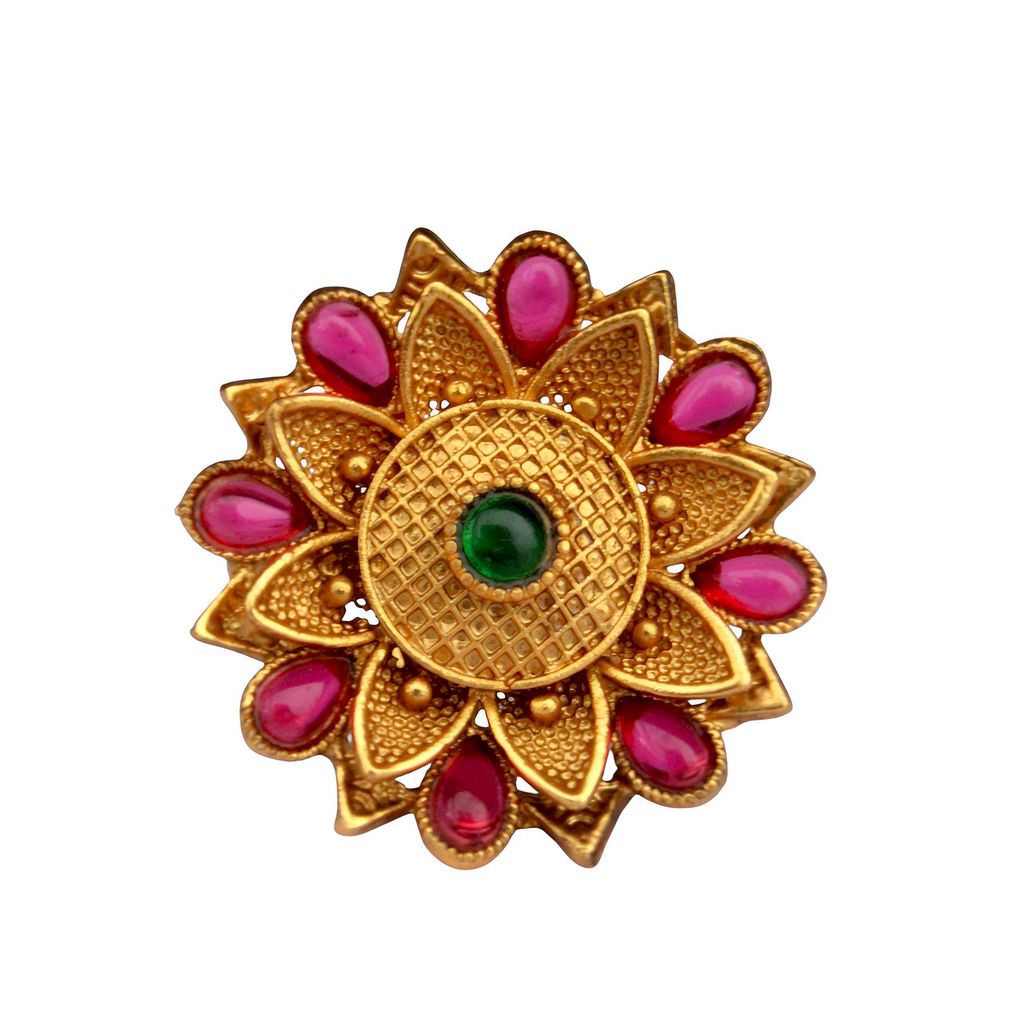 Gold Plated Sunburst Ring - Adjustable Traditional Ring with Pink and Green Stones