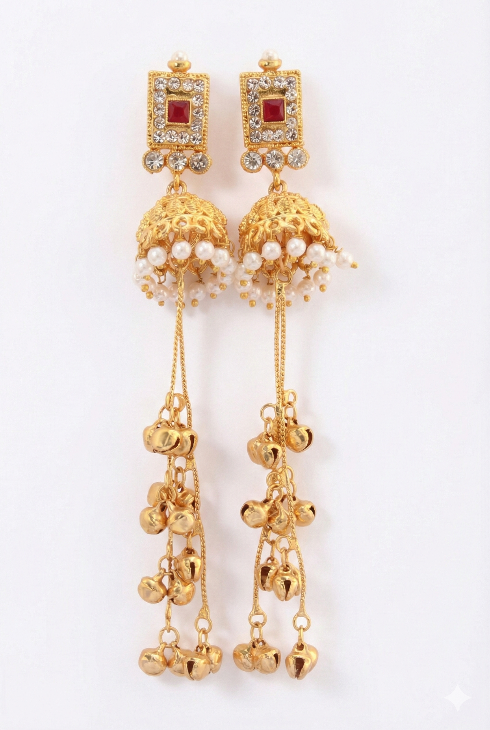 Traditional Kashmiri Jhumka Earrings - Golden Imitation Jewelry with Pearl Beads