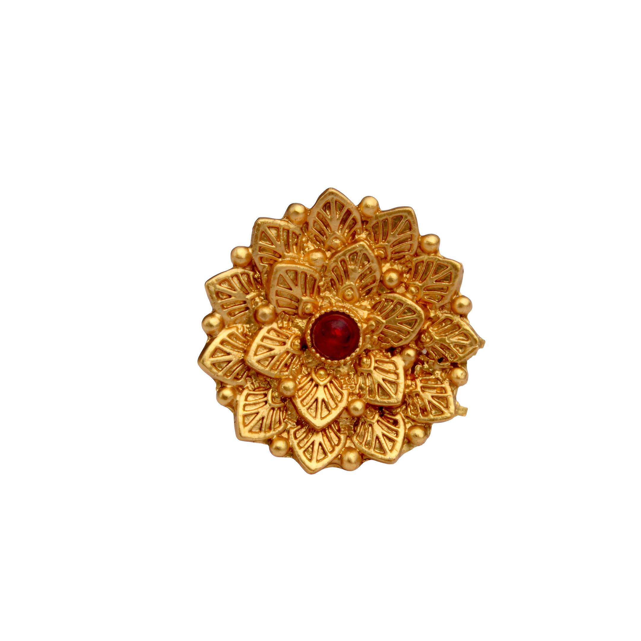 Gold Plated Sunburst Ring - Adjustable Traditional Floral Ring with Red Stone
