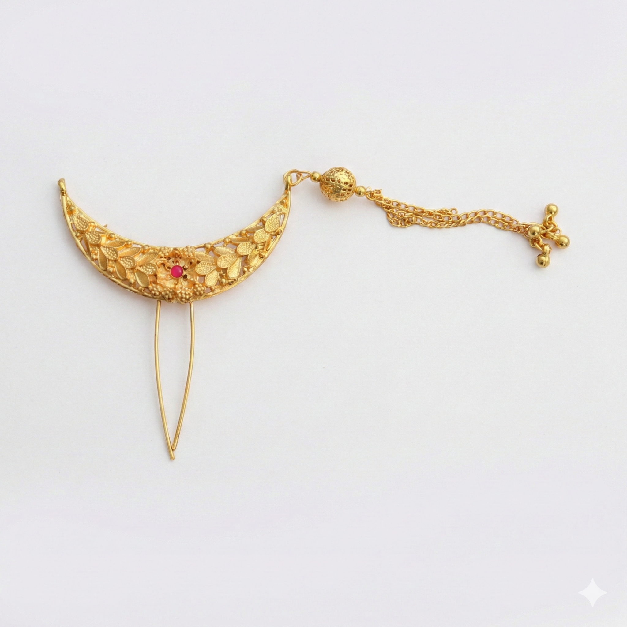 Minimalist Crescent Golden Khopa with Jhumka Chain | Hair Accessory