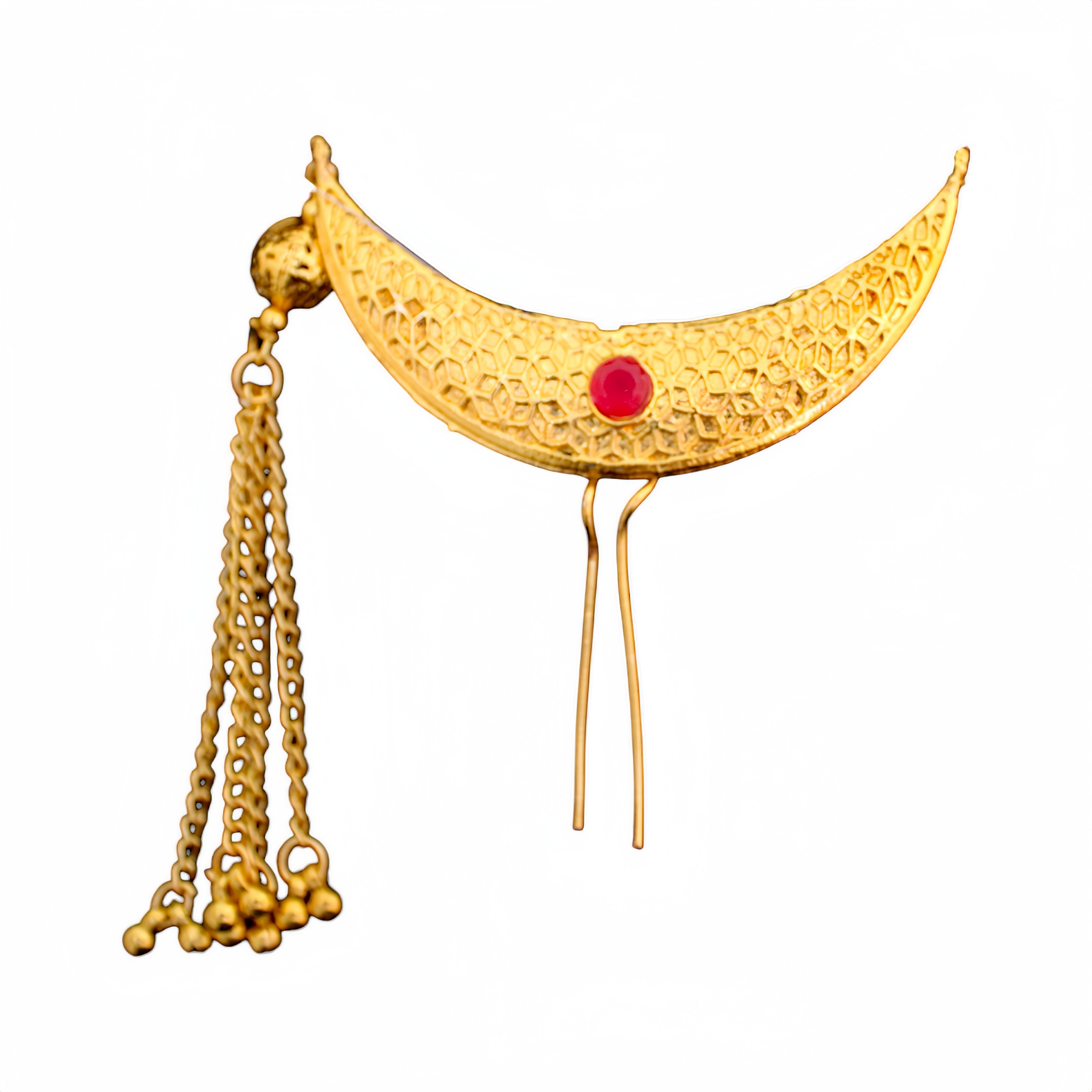 Designer Crescent Golden Khopa with Chain & Beads | Hair Accessory