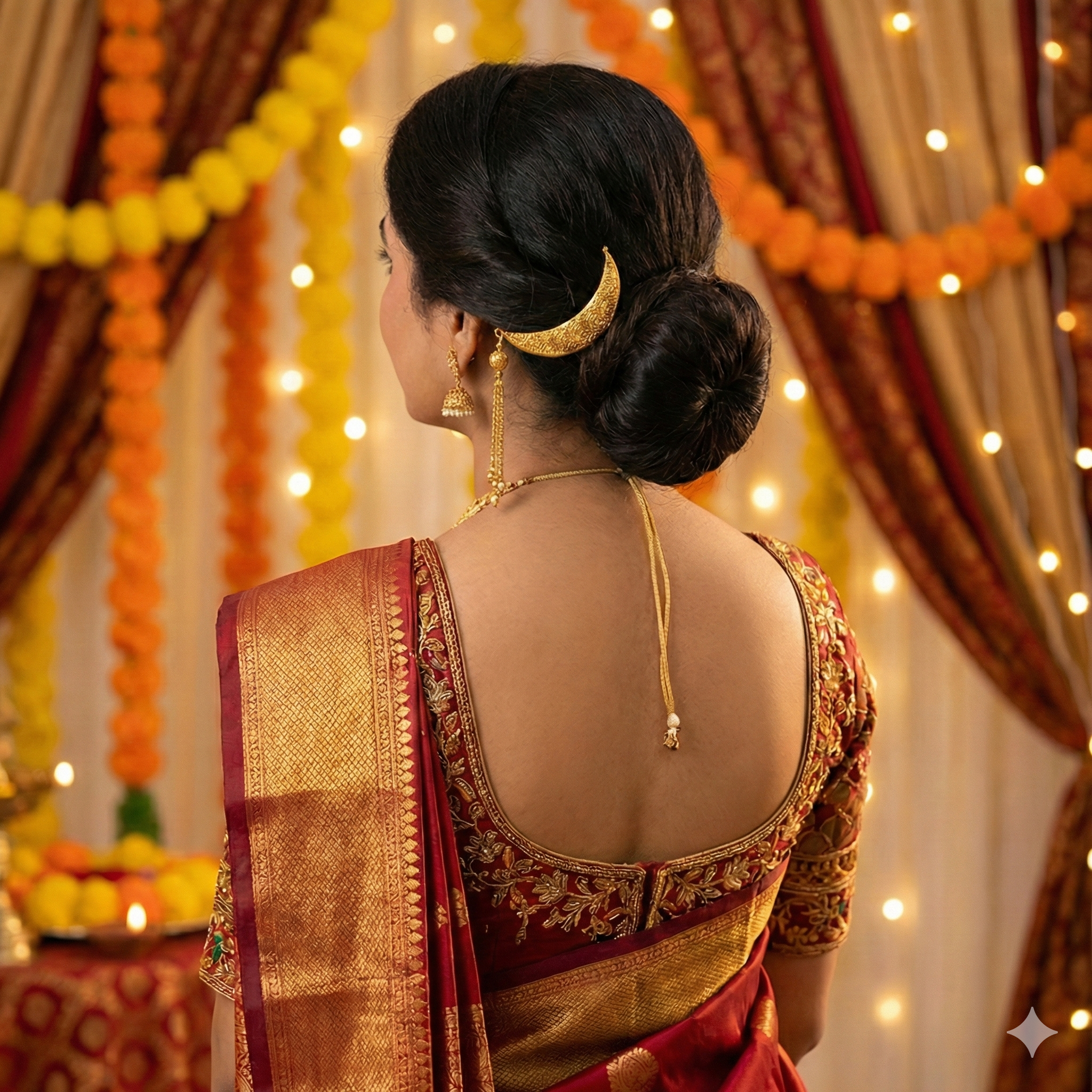 Minimalist Crescent Golden Khopa with Jhumka Chain | Hair Accessory